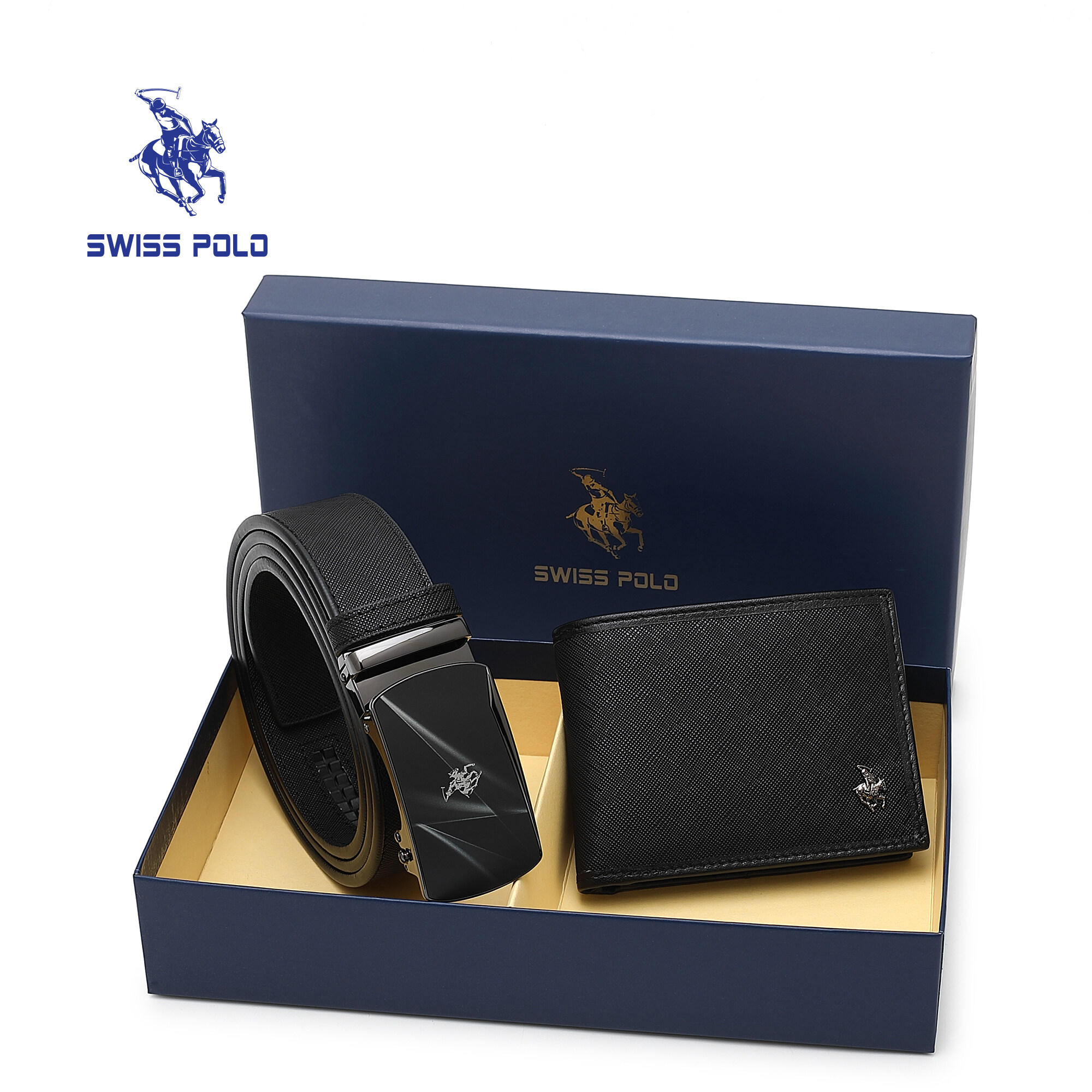 SWISS POLO Gift Set/ Box RFID Bifold Wallet With Belt SGS 557-1 BLACK
