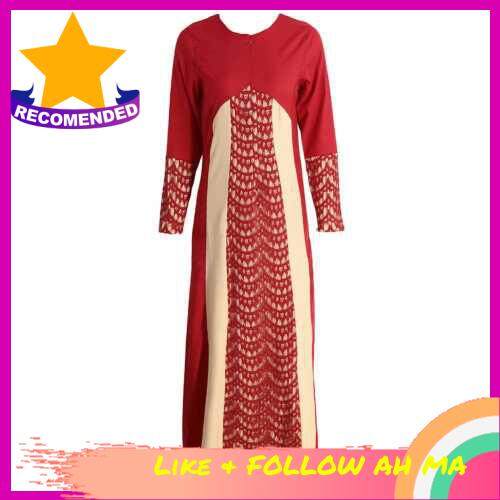 Best Selling New Fashion Women Muslim Maxi Dress Contrast Color Pitches Long Sleeve Abaya Kaftan Islamic Indonesia Robe Long Dress (Red)