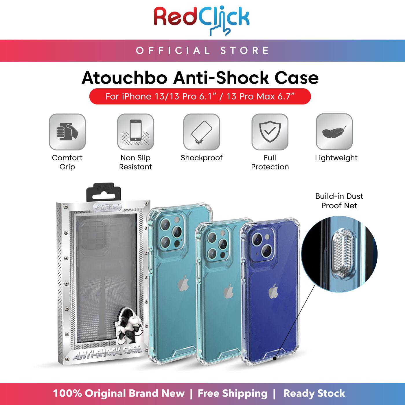 Atouchbo Anti Shock  Case for  iPh 13 / 13 Pro / 13 Pro Max Full Protection Build In Dust Proof Net Non Slip Resistant