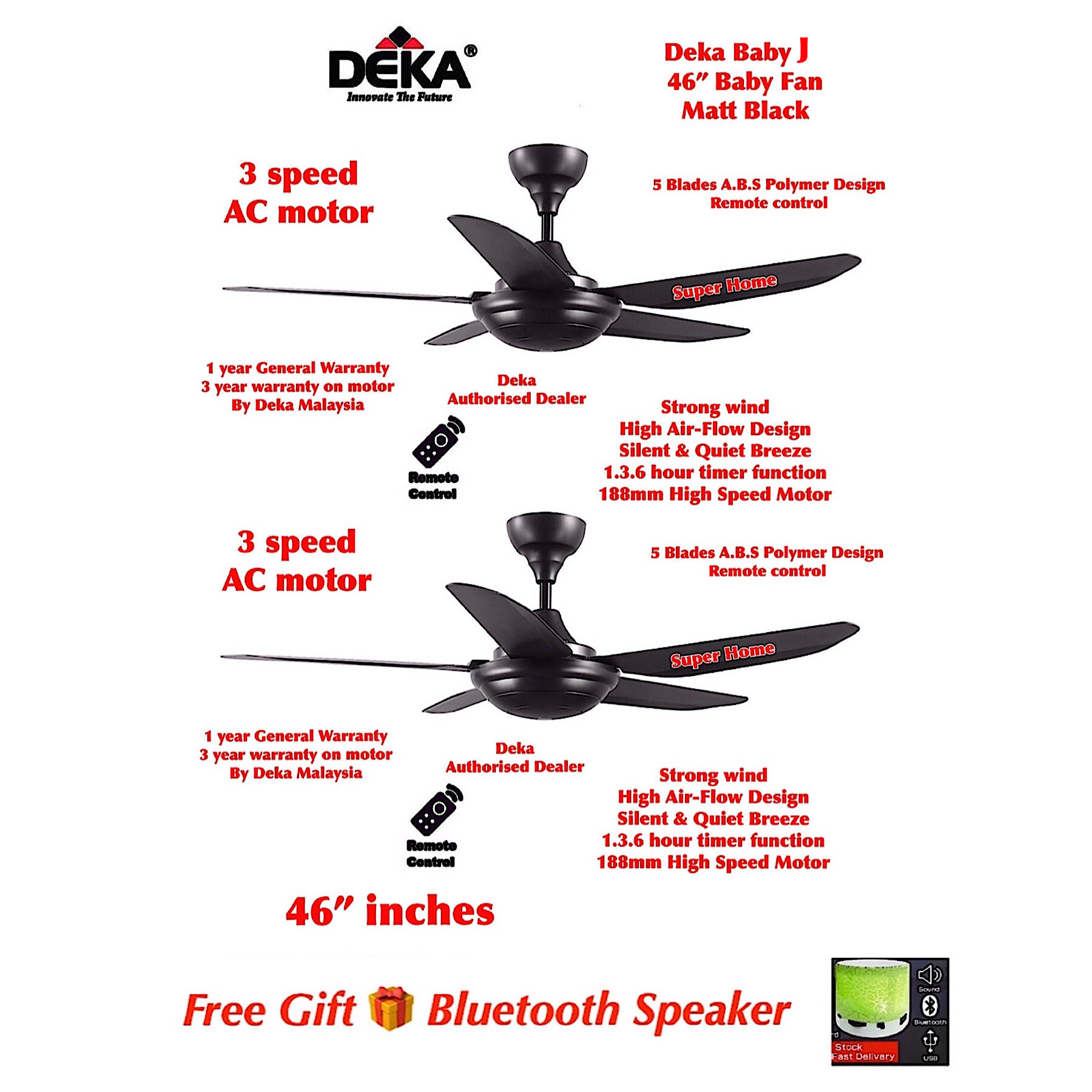 Deka Baby Fan Baby J Matt Black Remote Control 46 inches 5 Blades Baby Ceiling Fan [2 unit] + Free Gift Mini Bluetooth Speaker