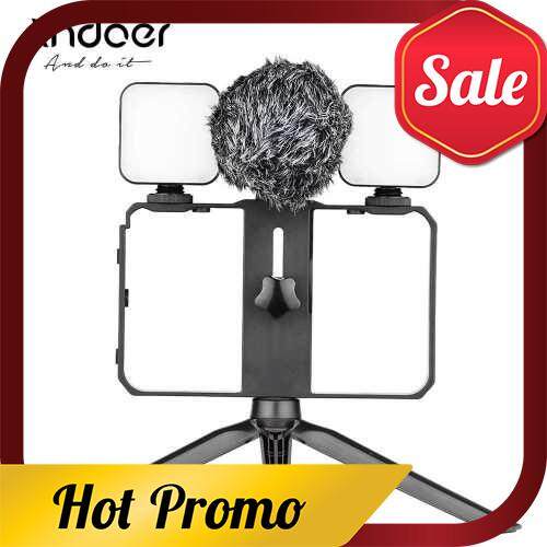 Andoer Smartphone Video Cage Kit Including 2pcs Mini LED Fill Lights + Mini Microphone with Shock Mount Wind Screen + Handheld Smartphone Video Bracket 3 Cold Shoe Mounts + Mini Desktop Tripod Stand for Phone Video Recording Live Streaming (Standard)