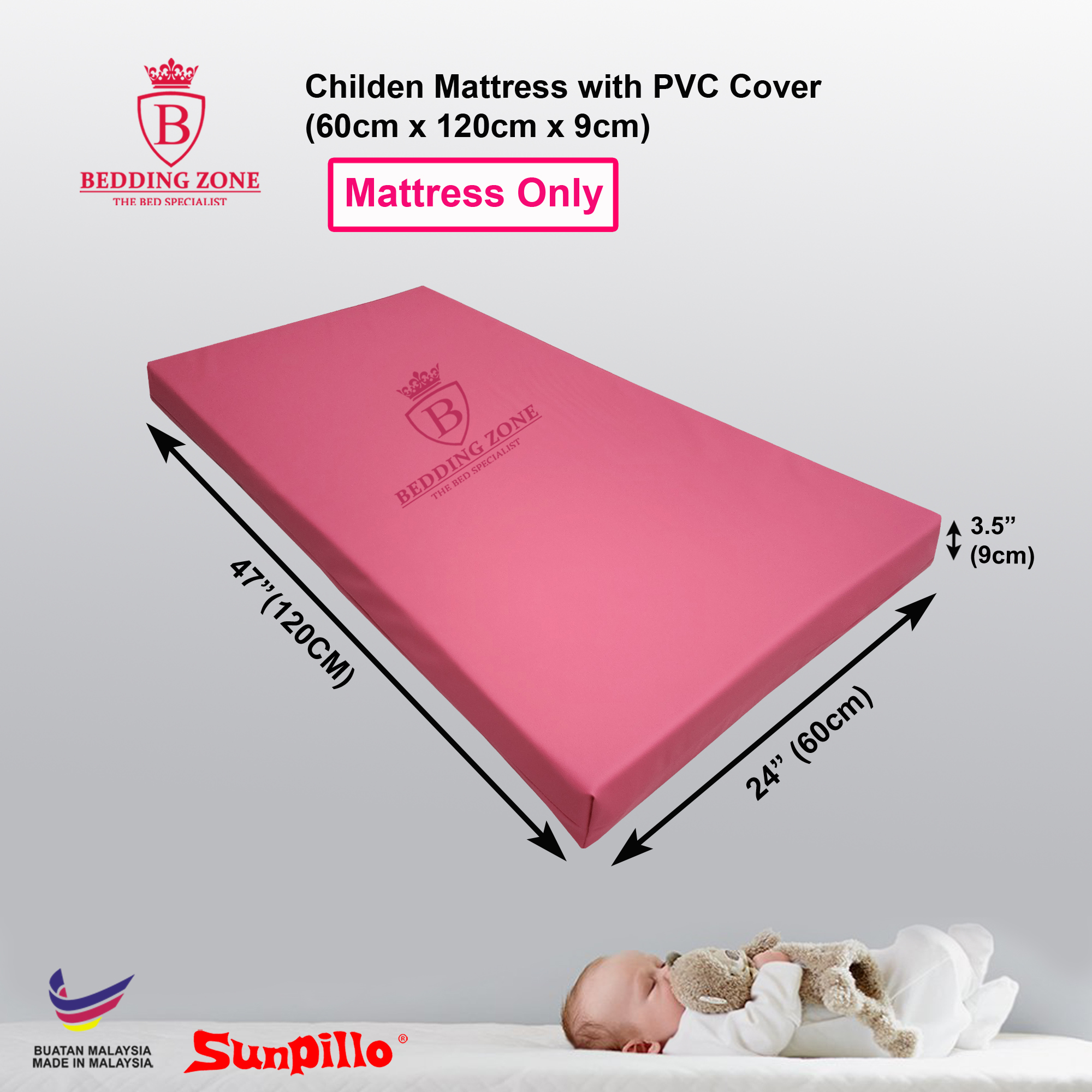 Children Mattress with PVC Cover (Size 60cm x 120cm x 9cm) Tilam PVC Taska PVC Mattress for Nursery