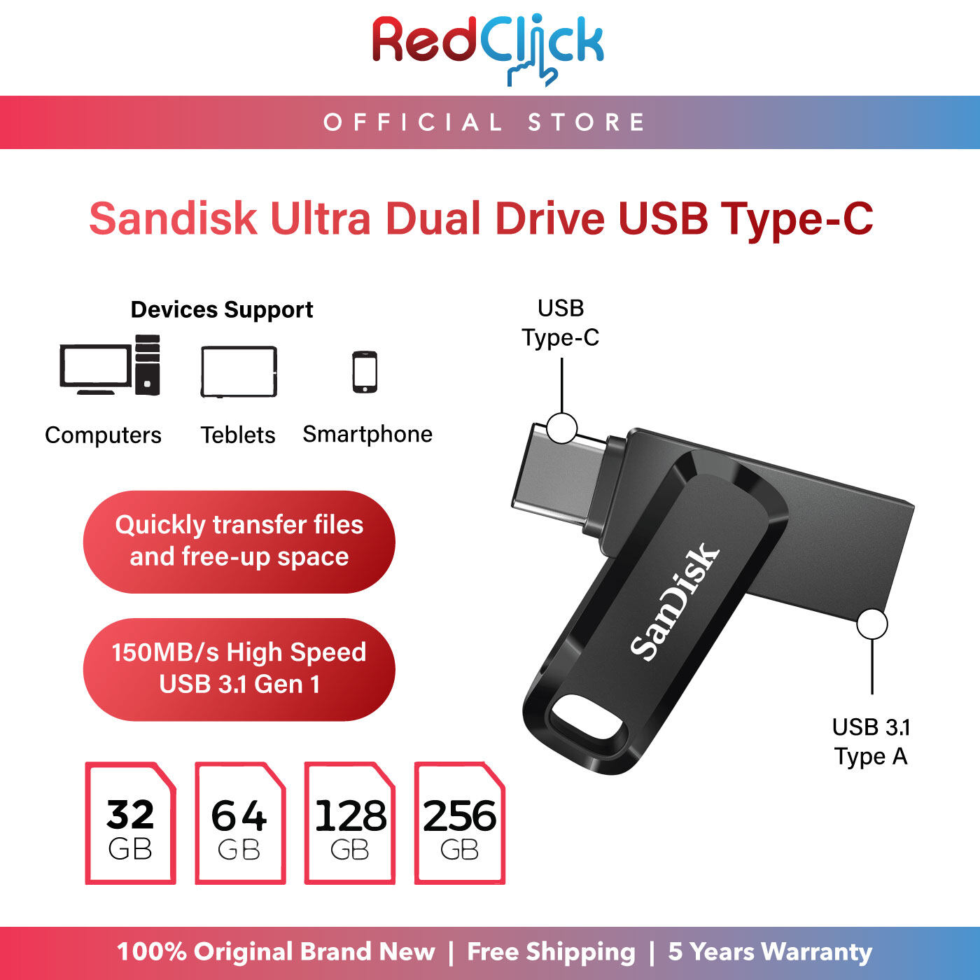 Sandisk 32GB/64GB/128GB/256GB 150mb/s Ultra Dual Drive Go USB 3.1 Type-C OTG Flash Drive