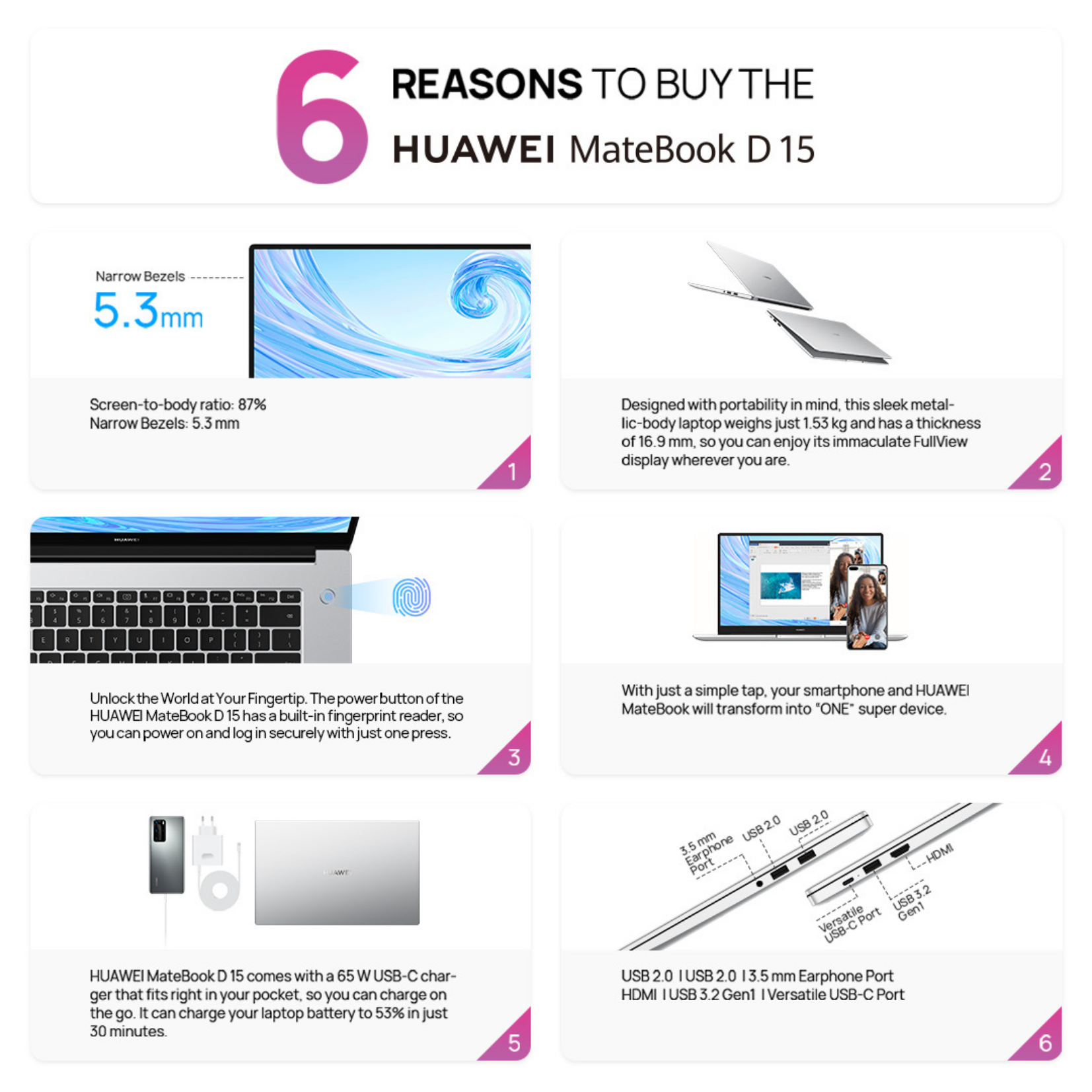 Huawei Matebook D15 i3 - Intel CORE i3 Gen10 | 8Gb RAM / 256GB SSD | 15.6" FullView Display
