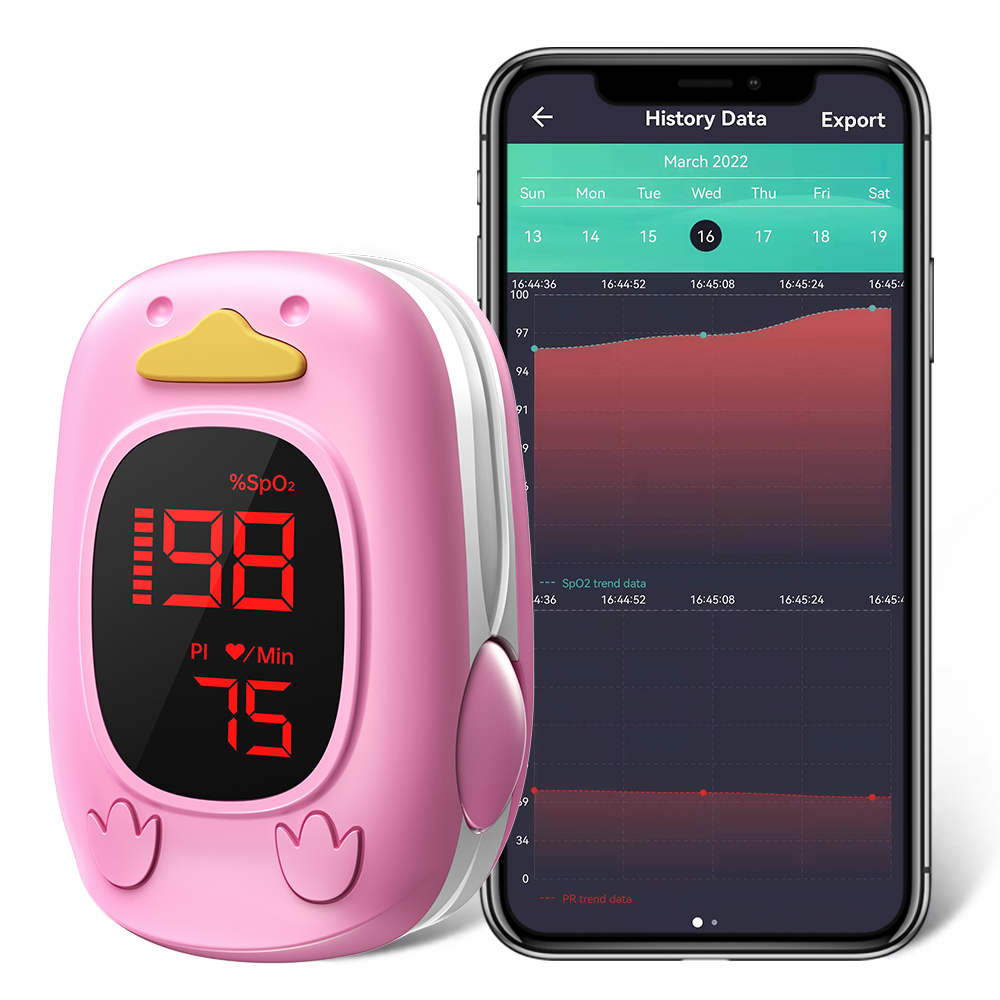 HealthTree Care Pulse Oximeter for Kids Infant Pulse Oximeter Fingertip Kids Blood Oxygen Meter Finger Pulse Oximeter Children Baby Oxygen Monitor Bluetooth with Battery OLED Screen JKS50AL-Pink