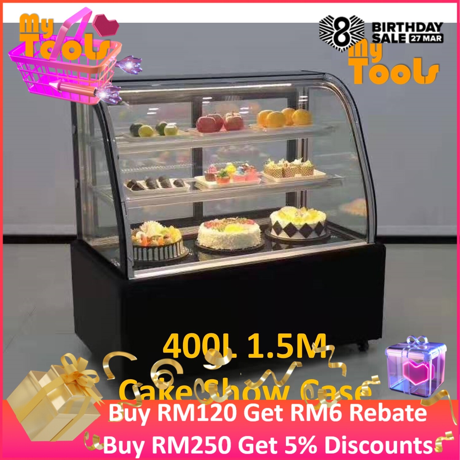 Harga Peti Ais Mytools 400L 1500mm x 660mm x 1200mm Curved Glass Cake Showcase Chiller Cake Display Refrigerator Terbaik Harga Peti Ais Mytools 400L 1500mm x 660mm x 1200mm Curved Glass Cake Showcase Chiller Cake Display Refrigerator Terbaik