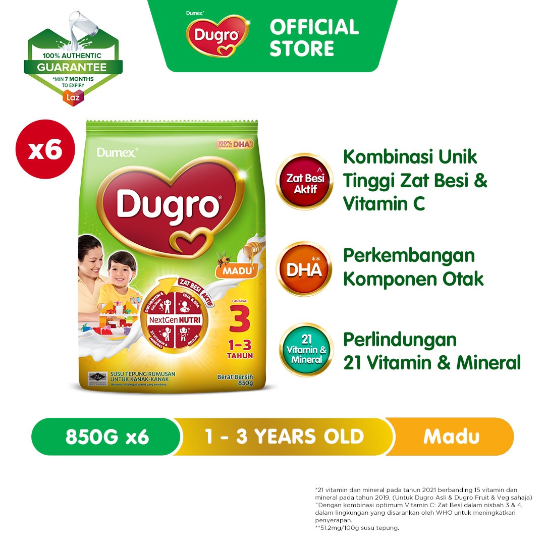 Dumex Dugro Step 3 Honey/Madu Growing Up Milk Formula 1 - 3 years 850g x 6 (Susu Milk Powder 奶粉)