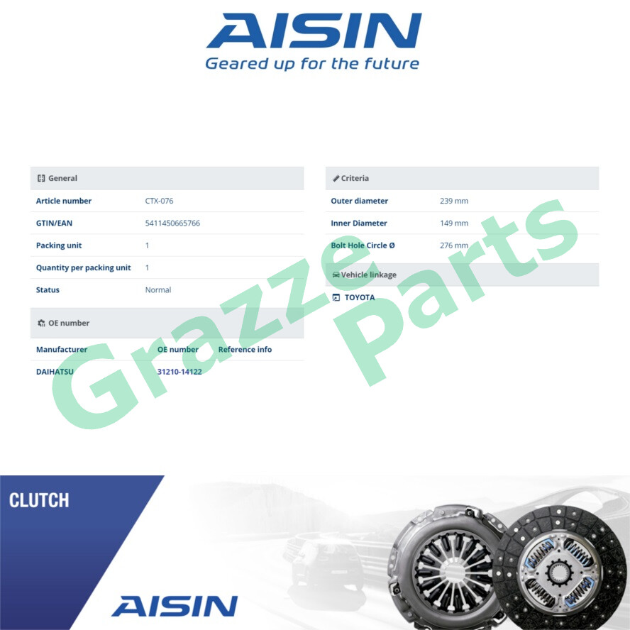 Aisin Clutch Disc Plate Cover Kit Set for Toyota Innova Hiace TGN40