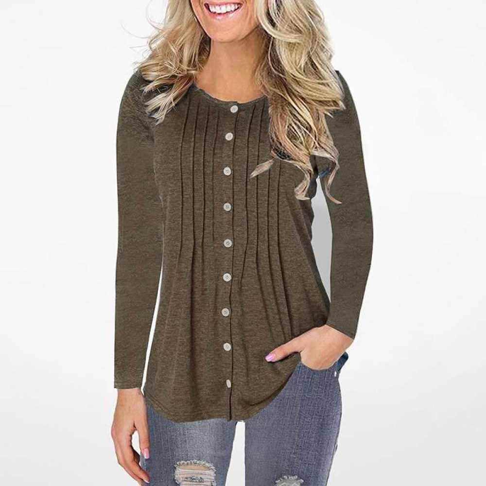 Women Plus Size Blouse Plain Color Button Fastening Pleated Round Neck Long Sleeve Casual T-shirt (Coffee)