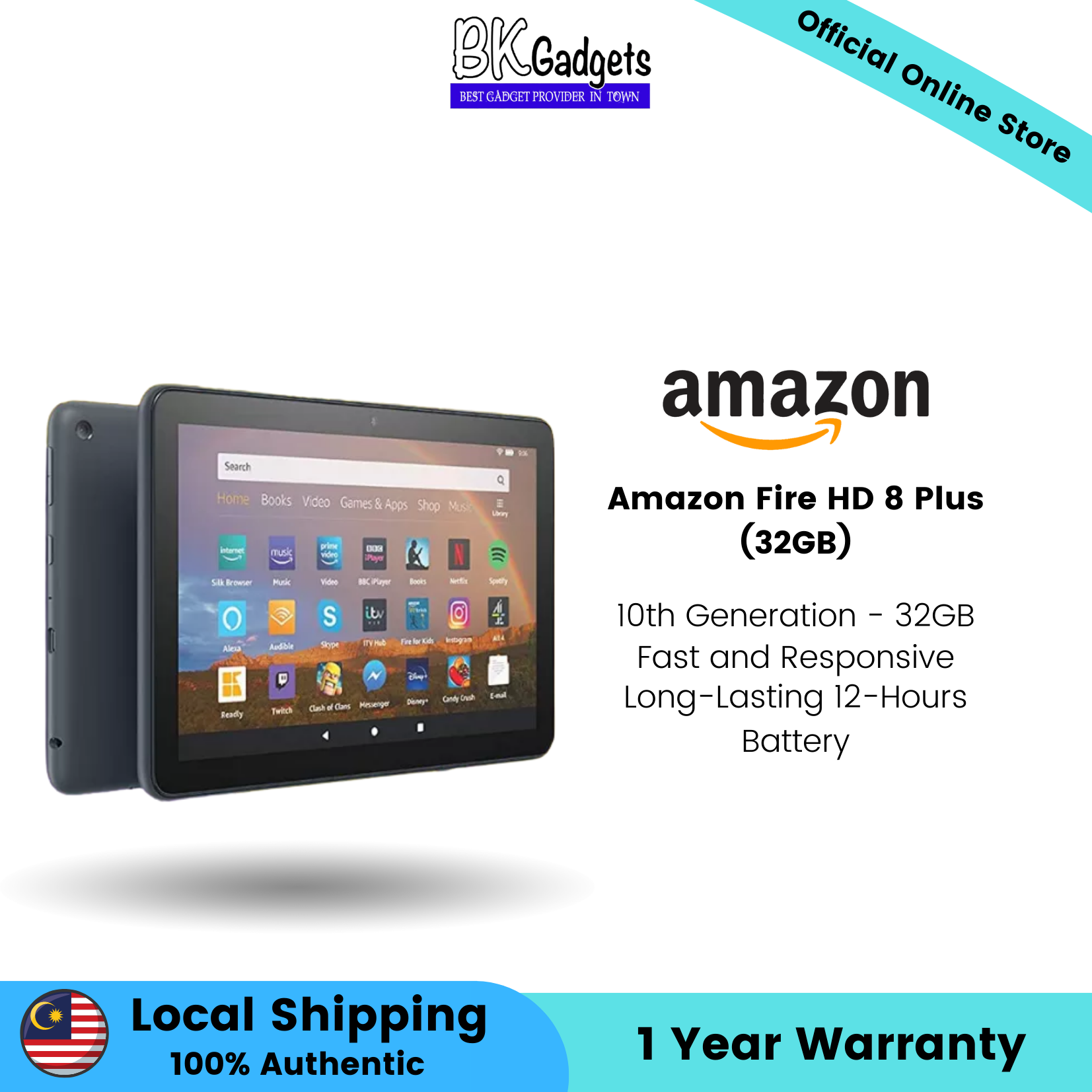 Amazon Fire HD 8 Plus (32GB) - 10th Generation | Fast and Responsive | Long-Lasting 12-Hours Battery