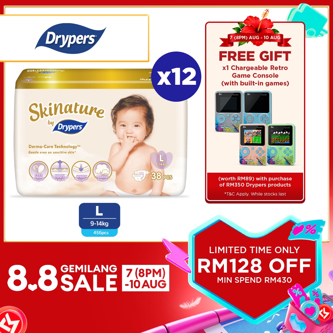 Skinature by Drypers Baby Tape Diapers NB66/ S58/ M44/ L38/ XL32 (12 Packs) - Super Soft & Allergen-free