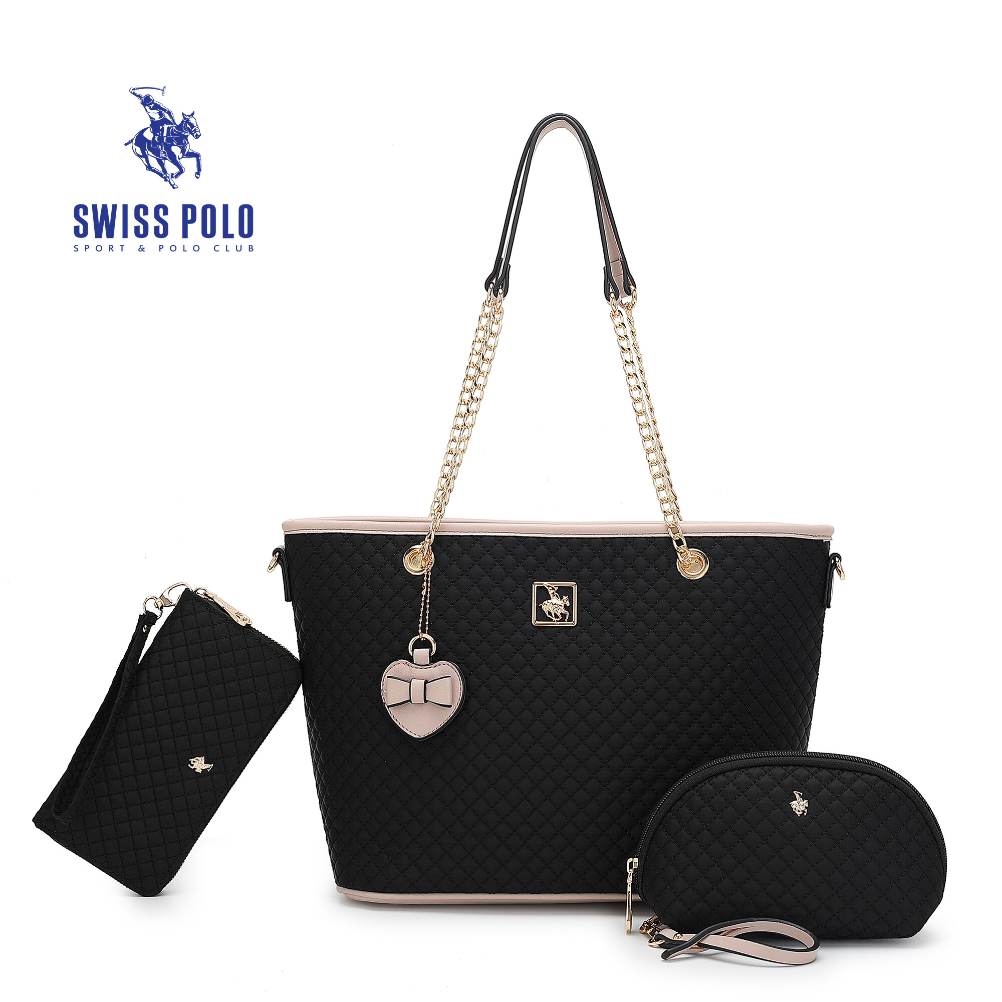 SWISS POLO Ladies 3 In 1 Ladies Quilted Bag With Pouch/ Long Purse HHP 3876-1 BLACK