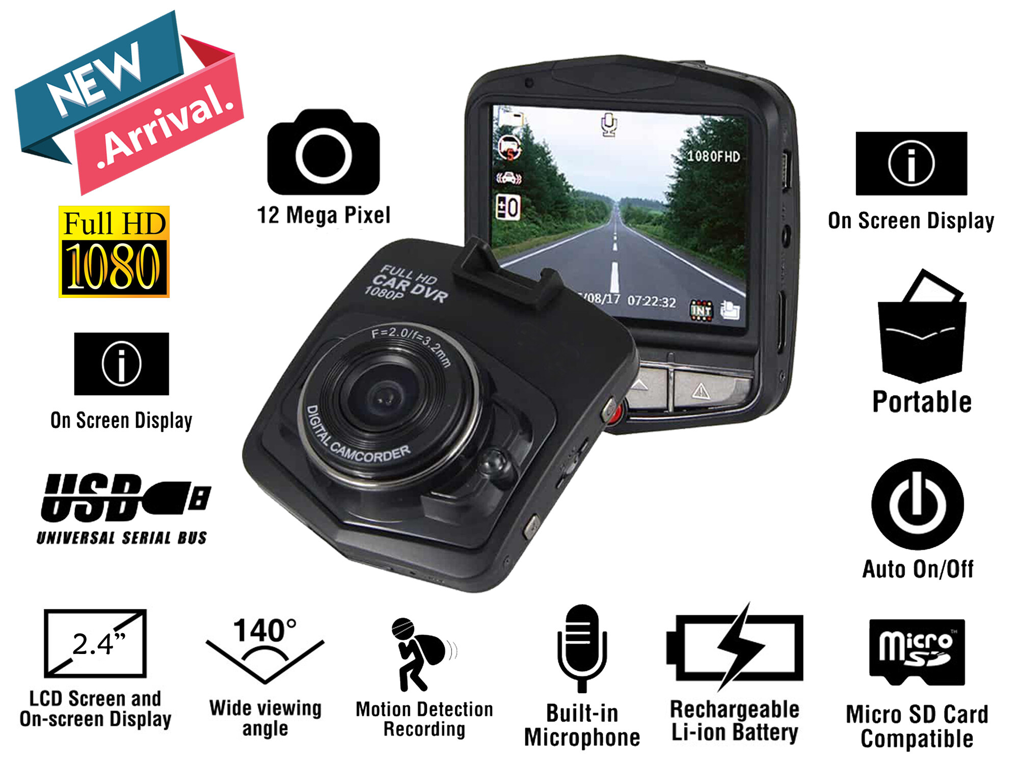 Vehicle Blackbox 2.4 LCD Car Camera Full HD 1080P FHD Dashcam DVR Black ...