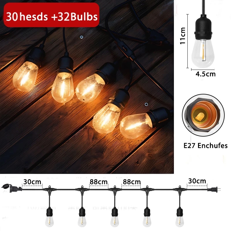 Waterproof LED String Light Strip 5m/10m/15m/20m with E27 Sockets and Warm White Bulbs IP65 Outdoor Garden Lighting British plug Suitable for Christmas decoration holiday decoration gardening decoration restaurant decoration