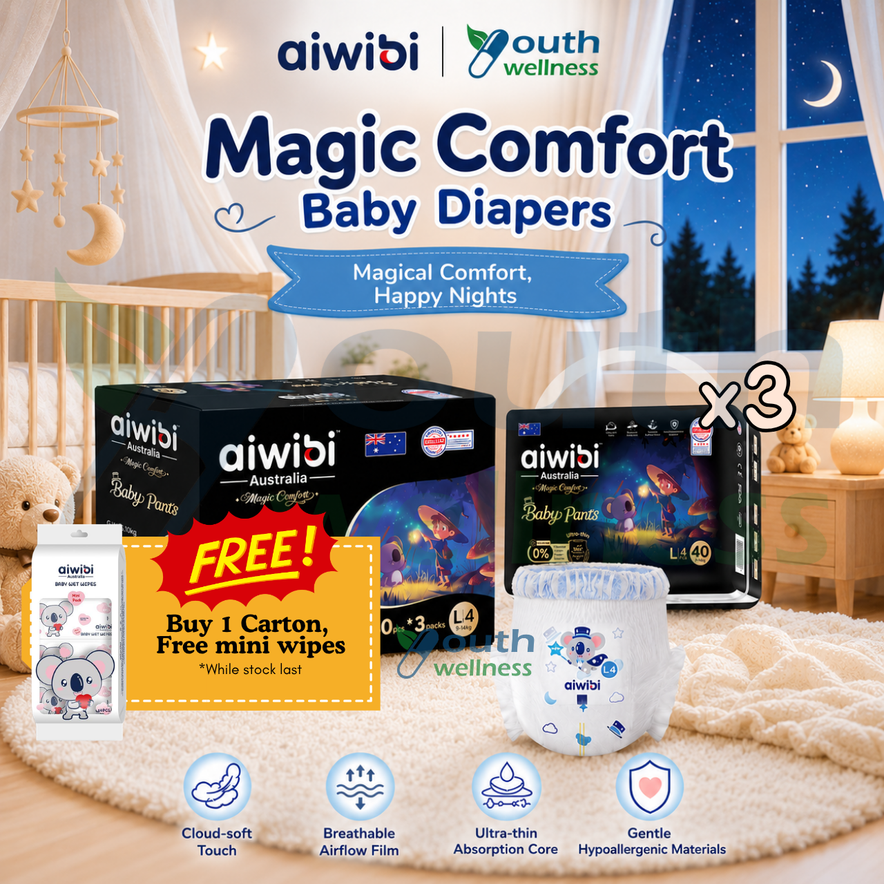 [Carton] Aiwibi Magic Comfort Premium Baby Diaper Tape / Pants (3 Packs)