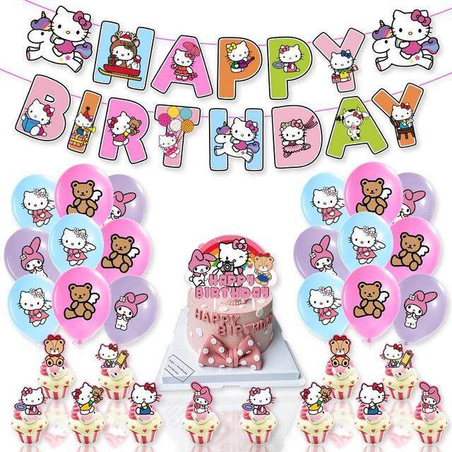 {Thiên Đường đồ chơi} mới dễ thương Sanrio Hello Kitty kéo cờ bóng bay Thiệp mời thẻ bánh chèn trang