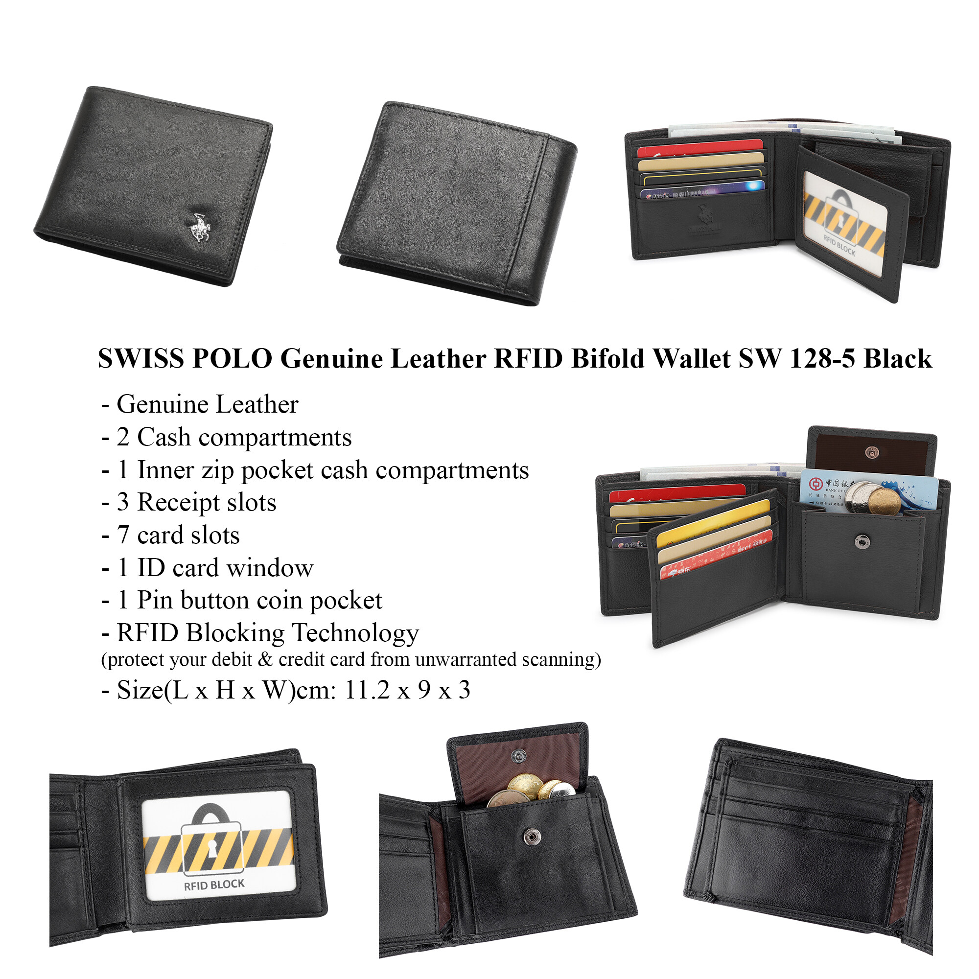 SWISS POLO Genuine Leather RFID Short Wallet SW 128-5 BLACK