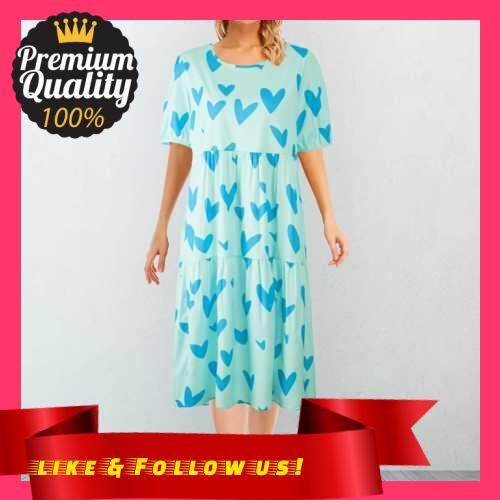 People's Choice Women Midi Dress Heart Print O Neck Puff Sleeves Summer Loose Bohemian Long Dress for Beach Holiday (Light Blue)