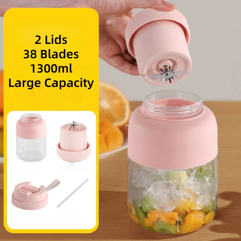 1300ML Juicing Cup Large Capacity Usb Portable Juicer Multifunctional Fresh Squeezed Juice Crushable Ice Ton Bucket Electric Juice Cup With Double Lids 水果蔬菜榨汁杯 Cawan Jus