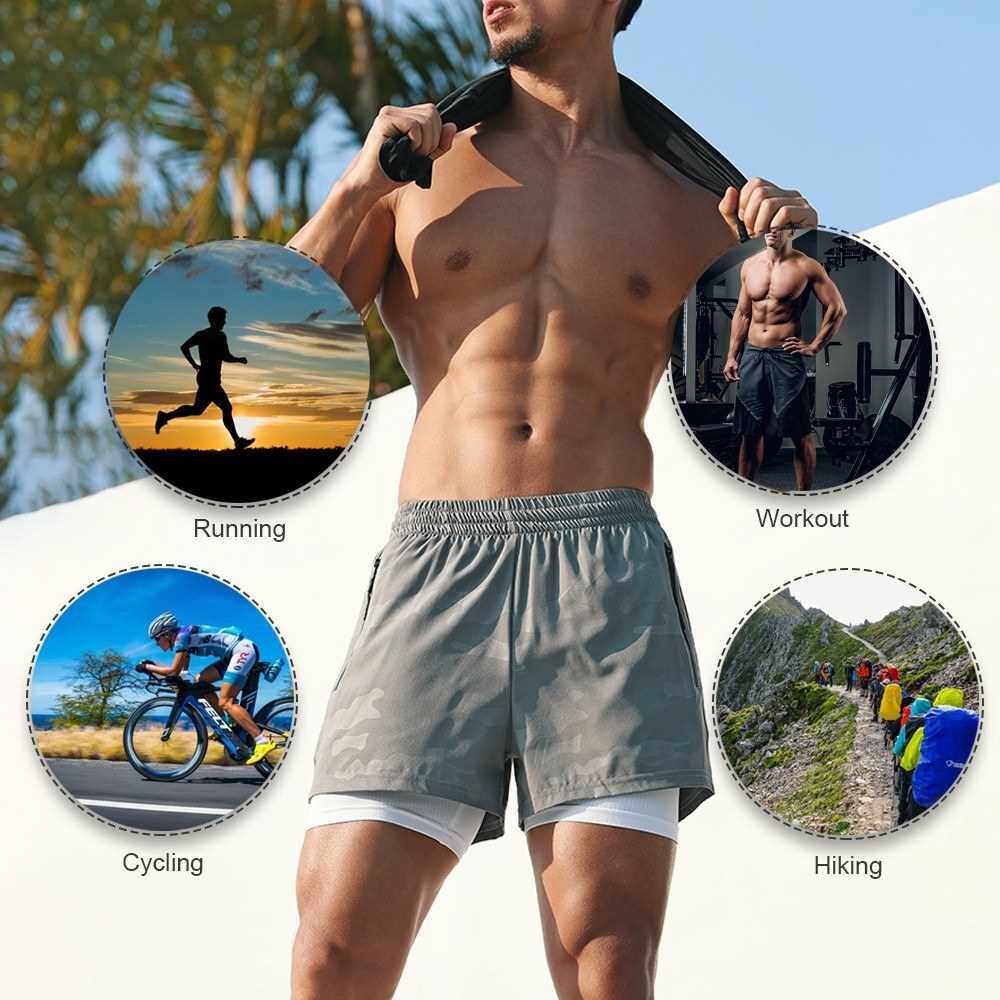Men's 2 in 1 Running Shorts with Pockets Compression Liner Gym Training Fitness Workout Short Pants (Dark Gray)