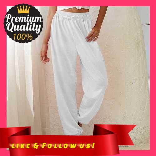 People's Choice Fashion Women Solid Color Pants Elastic Waist Pocket Loose Thin Casual Sports Sweatpants Trousers (White)