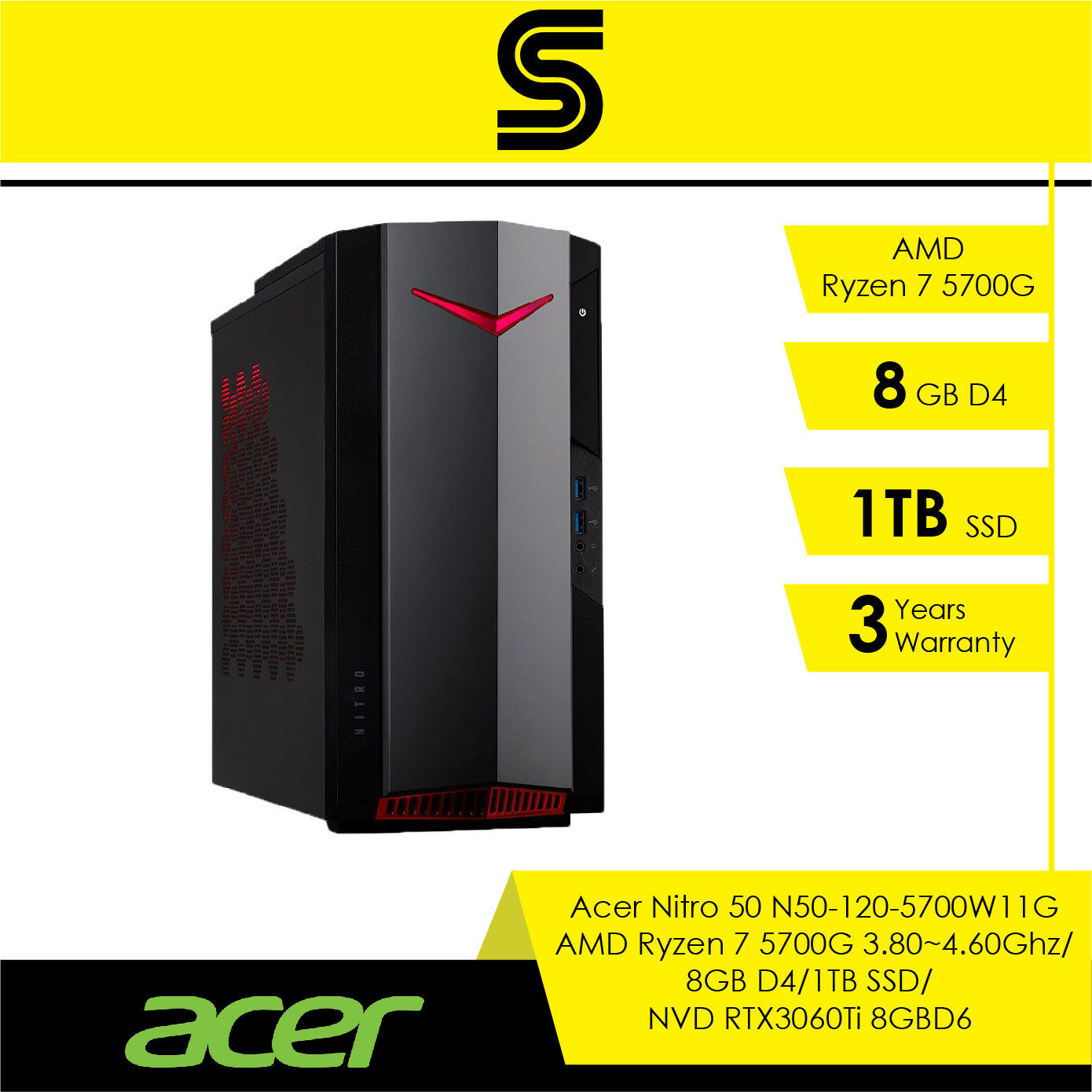 Acer Gaming PC Nitro 50 N50-120-5600W10D/AMD Ryzen 5 5600X 8GB+512GB SSD GTX1650/ N50-120-5700W10D /AMD Ryzen 7 5700G 8GB+512GB SSD GTX1660 S/ N50-120-5700W11G /AMD Ryzen 7 5700G 8GB+1TB RTX3060Ti