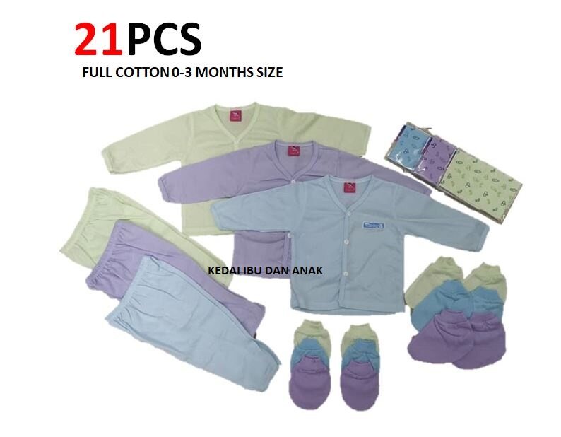 SET LUBANG 21 PCS Newborn Clothing Set Cotton With Mitten Booties and Tummy Binder