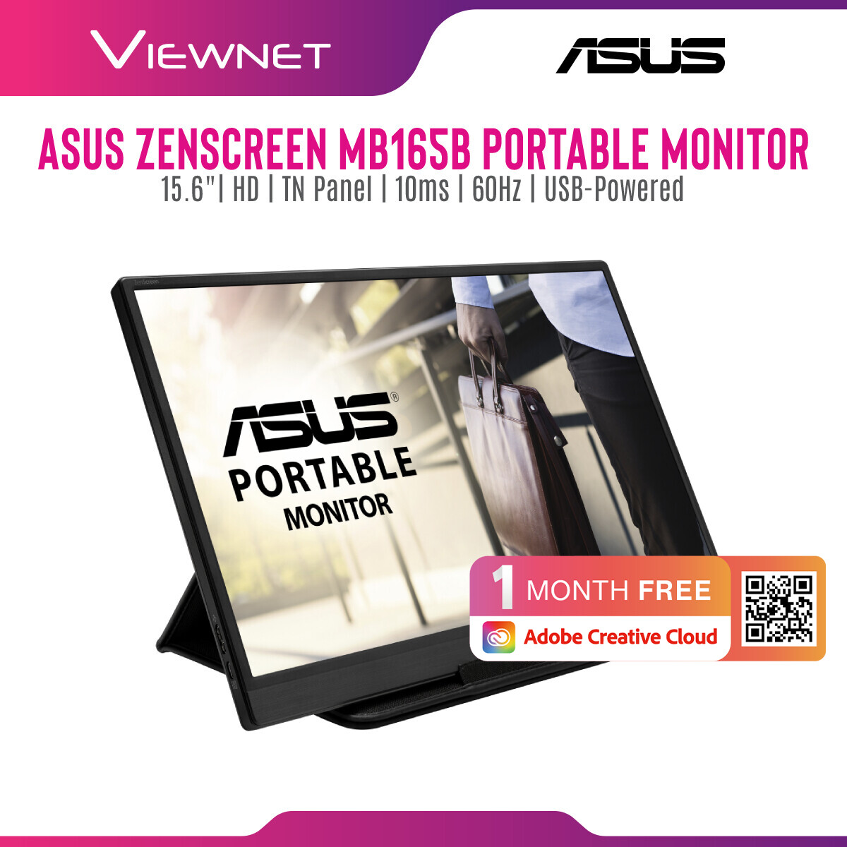 ASUS ZenScreen MB165B Portable USB Monitor- 15.6 inch, HD(1366x768), Narrow Bezel, USB-powered, Anti-glare surface