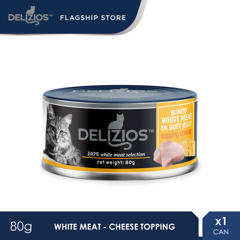 Delizios 80G Bonito White Meat in Soft Jelly Topping CHEESE Premium Wet Cat Food [makanan kucing]