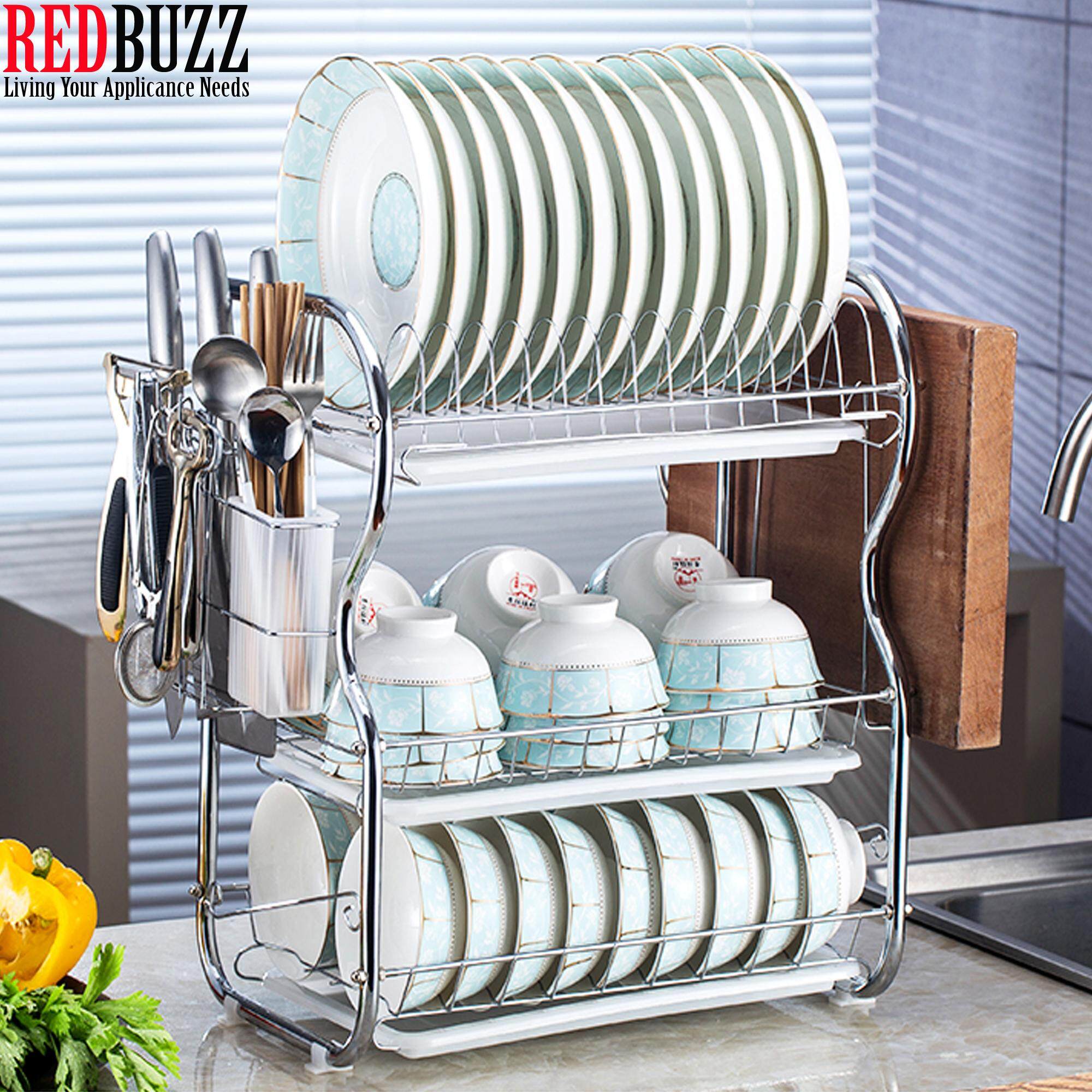 REDBUZZ 3 Tier BB Shape Kitchen Dish Rack with Chopstick Holder Stainless Steel Three Shelf Dish Storage Draining Rack