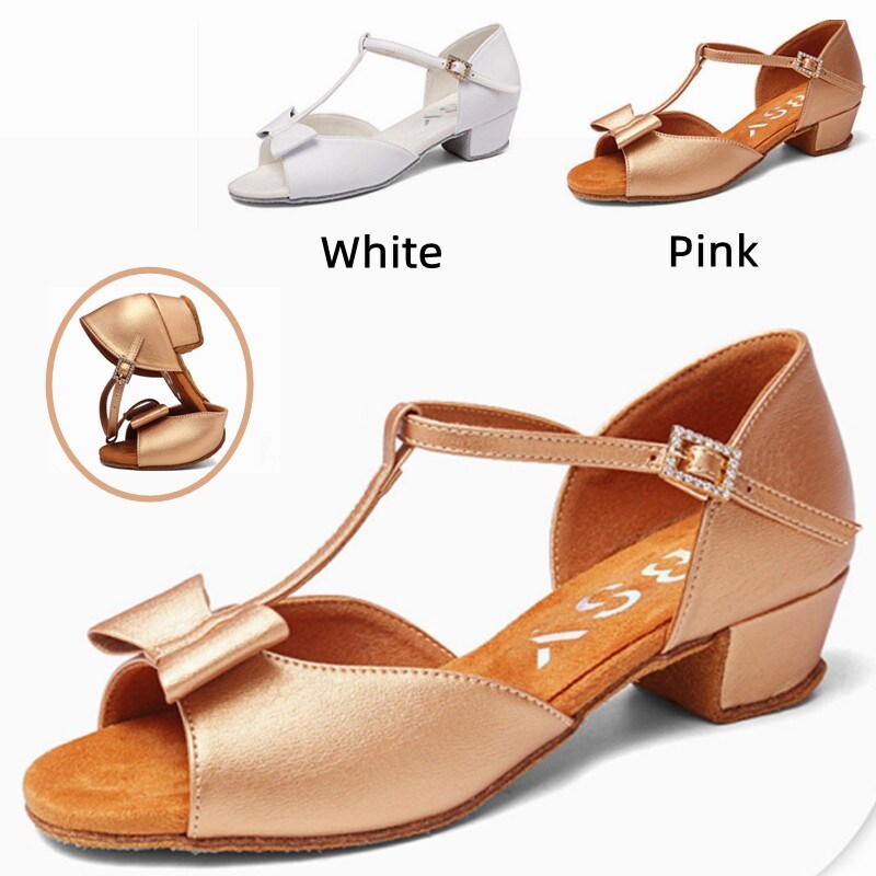 [Latin fan] New PinkSatin BowChildren/Child/Kids Ballroom TangoLatin Dance Shoes Low Heel Shoes 3.5CM