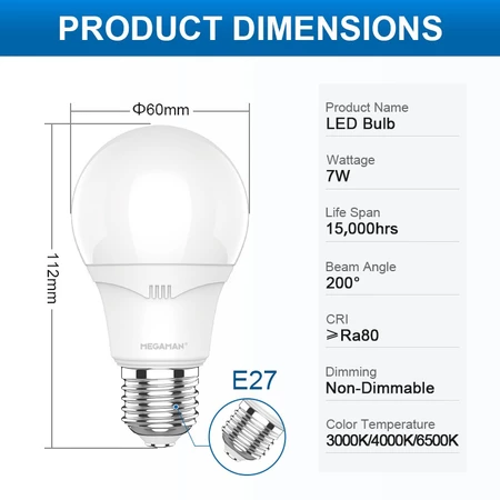 Megaman LED Bulb Light 3W 5W 7W 10W 12W 15W G45 A60 A65 A70 E27 Classic Energy Saving Lamp Lighting