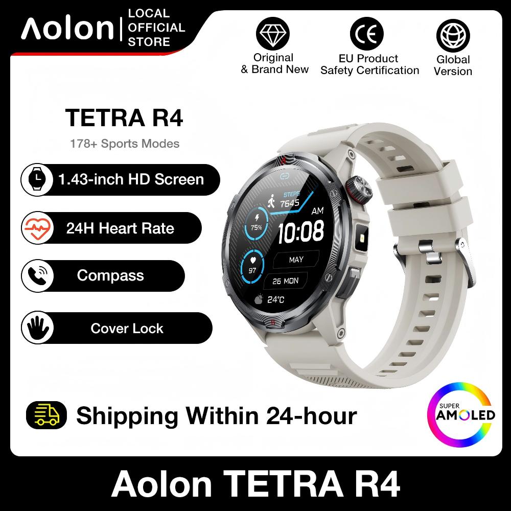 Aolon Tetra R4 Smartwatch Men Compass 1.43" AMOLED Display Flashlight AGPS Blood Oxygen Heart Rate Monitor 100+ Sports Modes Support Strava Smartwatch