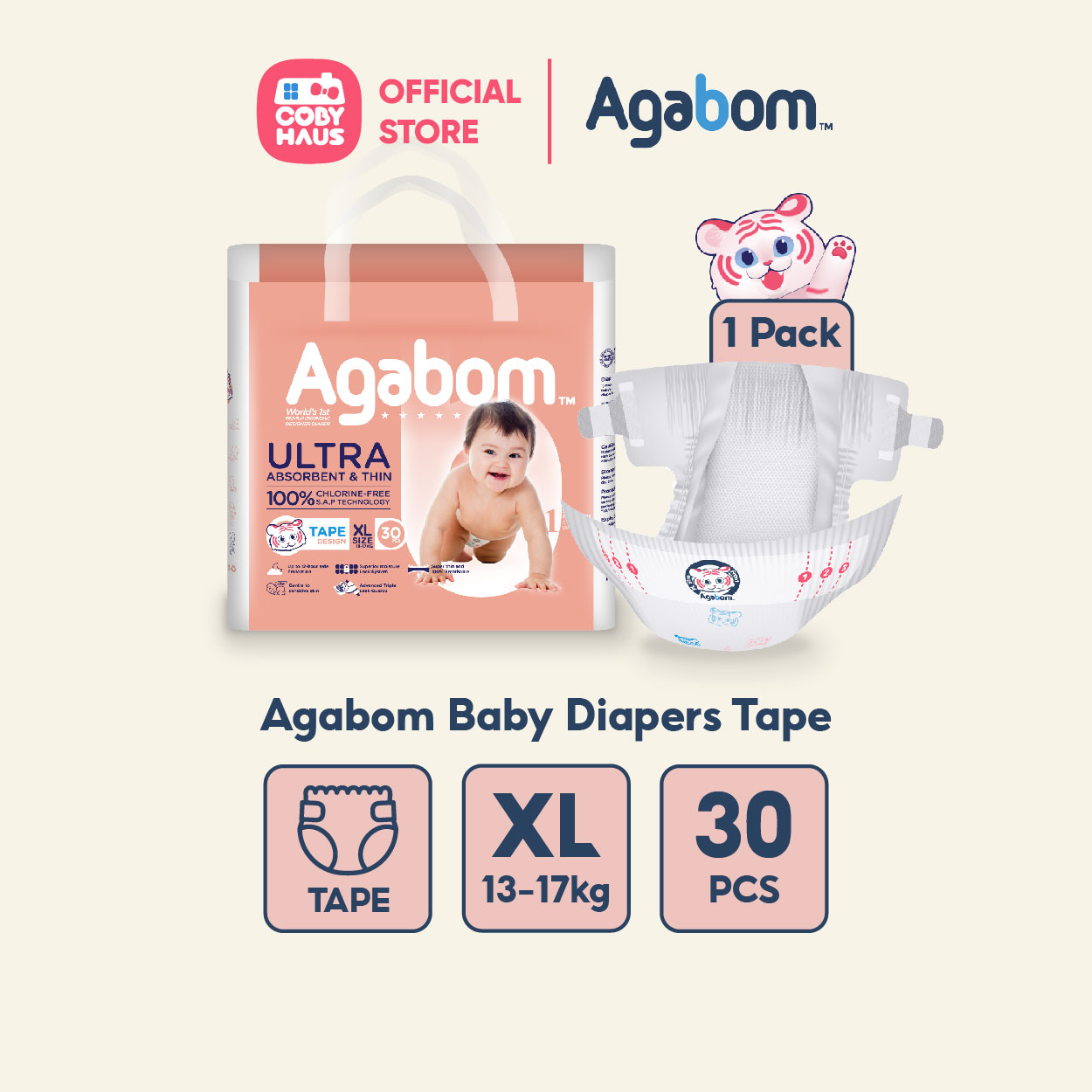 Agabom Baby Diapers Tape NB-XL / Lampin Bayi Jenis Tape 1 Pack 100% SAP Ultra-Thin Soft & Breathable