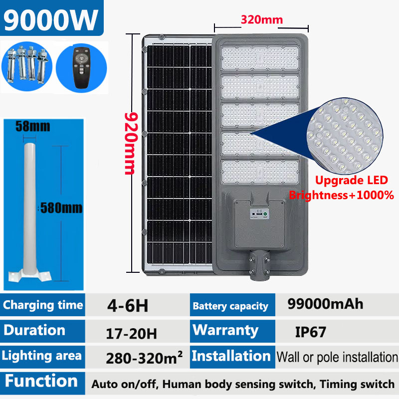 Street Solar Light 9000W Lampu Solar Outdoor Waterproof Lampu Jalan Solar High-Power Solar Light Outdoor LED Solar Automatic Light On solar Lamp