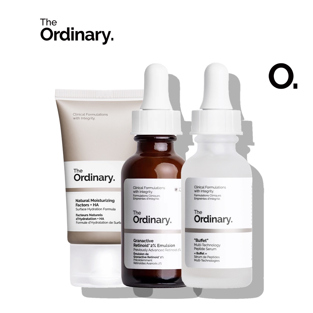 The Ordinary No-Brainer Set - Tackles Multiple Signs of Aging - Natural Moisturizing Factors + HA / Granactive Retinoid 2% Emulsion / " Buffet " - 3x30ml