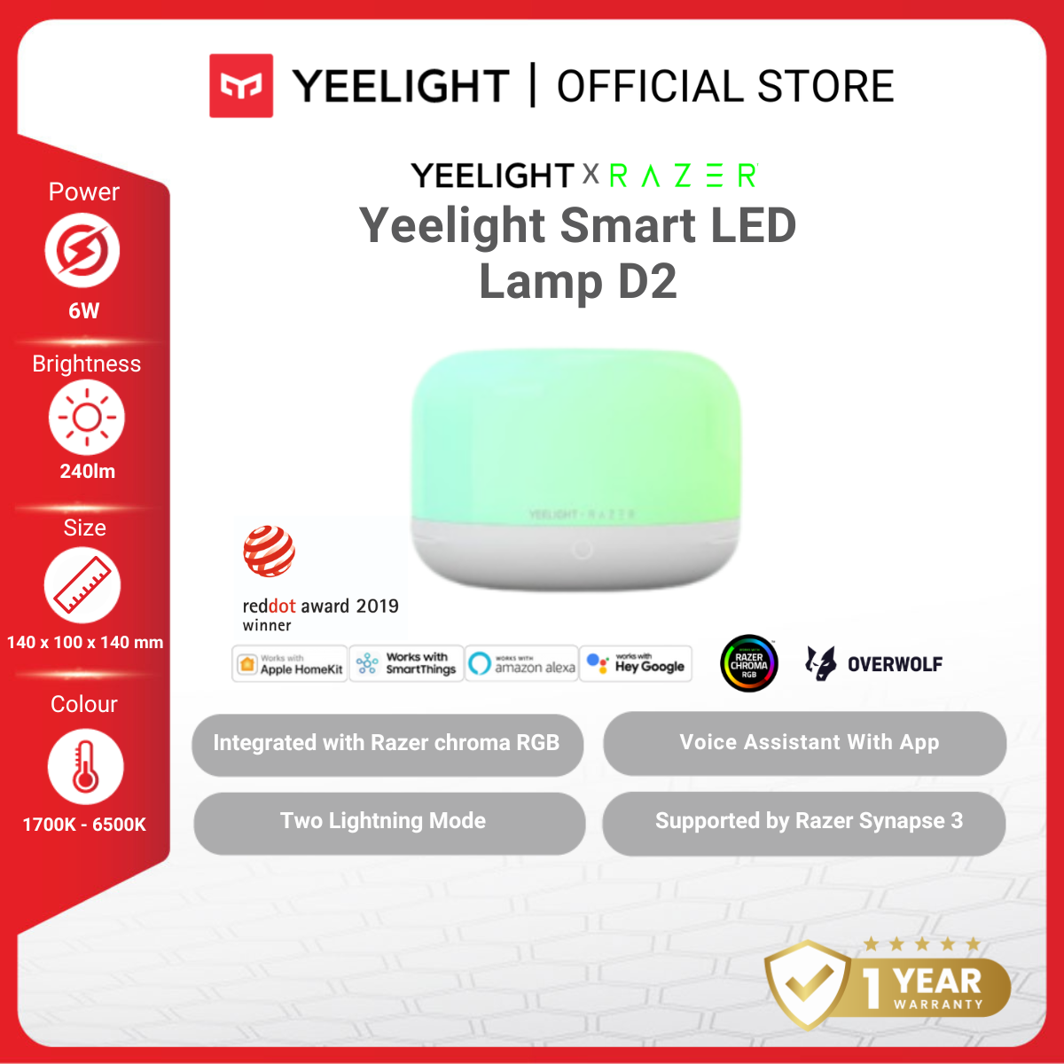 Yeelight X Razer Smart LED Lamp D2 | RGB LED Multi Colour Bedside Table Desk Lamp | Double Tap Switch On/Off | APP Control with Google Assistant