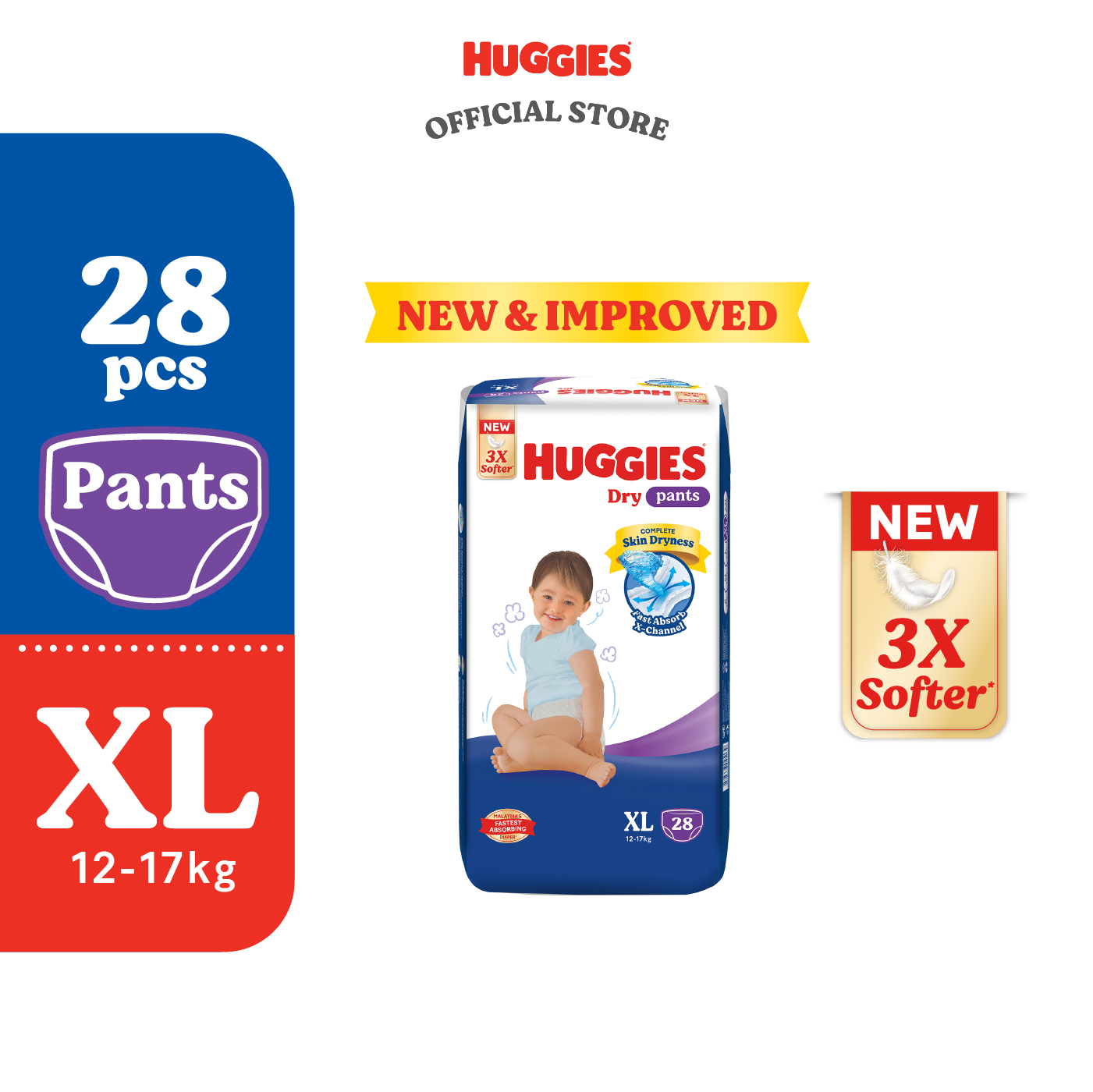 Huggies Dry Pants Diapers M42/L34/XL28/XXL24 (1 Pack) - Fastest Absorbing Baby Diaper