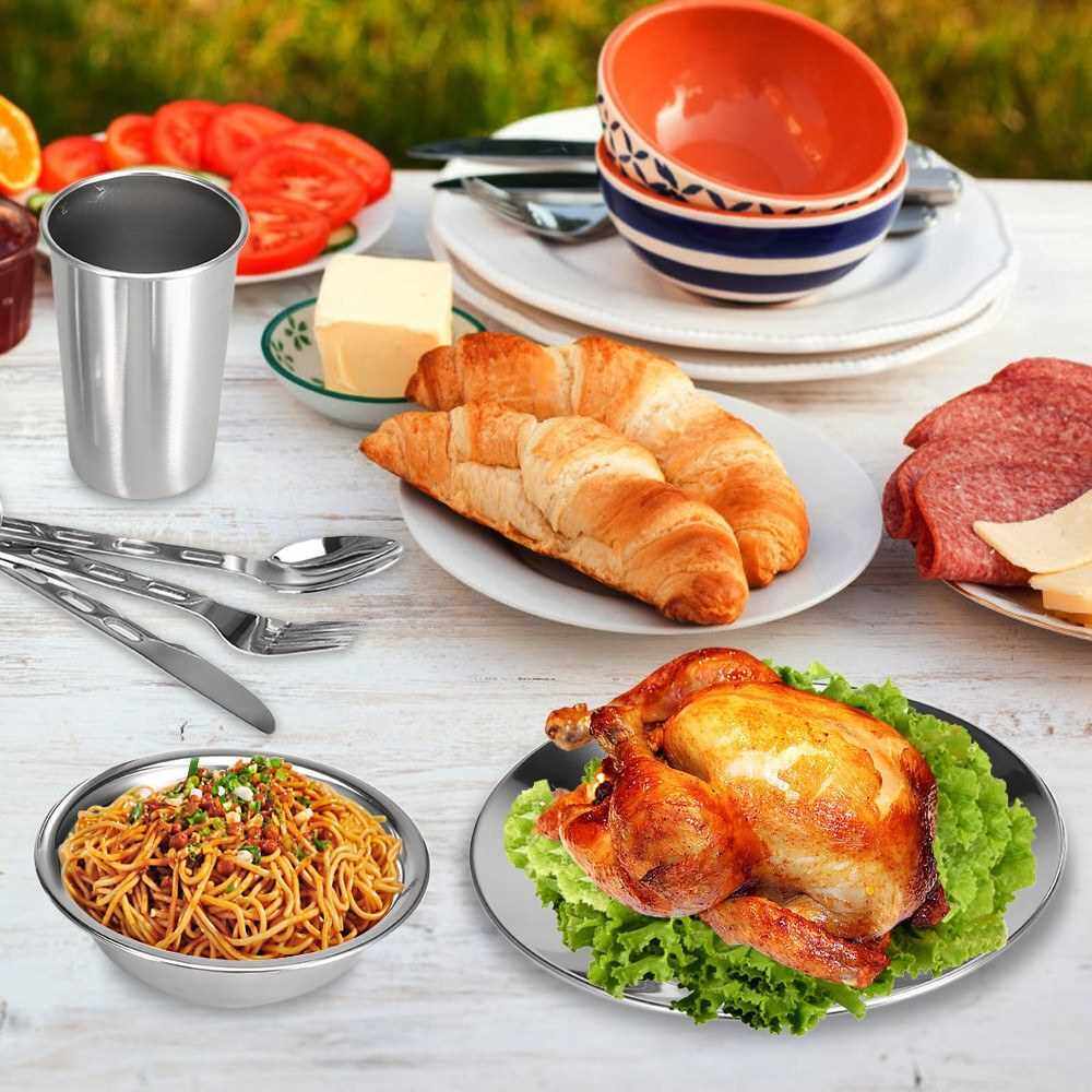 7PCS Stainless Steel 1-Person Table Set Outdoor Tableware Mess Kit Dinner Plate Bowl Cup Spoon Fork Cutter with Mesh Travel Bag for Backpacking Camping Picnic (Standard)