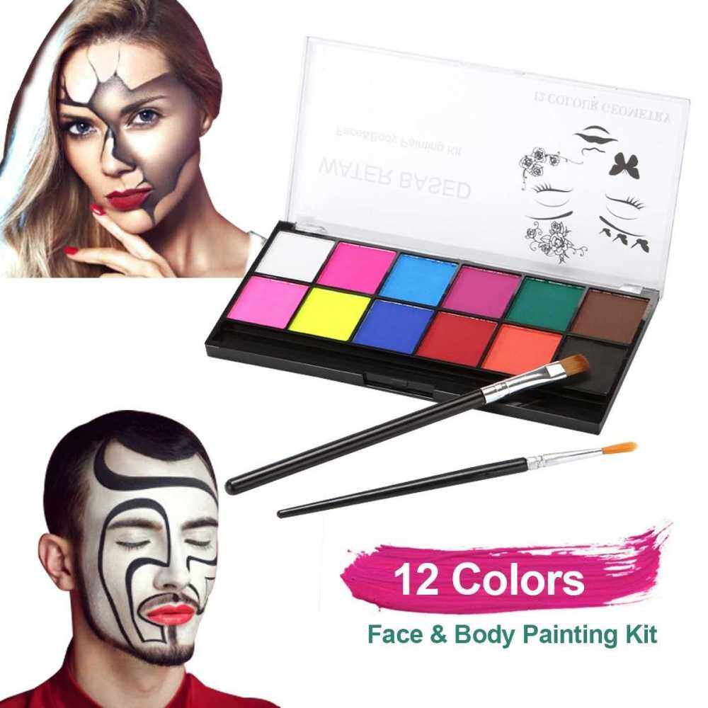 Professional Face & Body Painting Kit 12 Colors Washable Water Based Paints with Brush Safe & Non-Toxic Face Paint Palette Hypoallergenic for Sensitive Skin for Children Adults Halloween Makeup Christmas Carnival Party Supplies (12 Colors)
