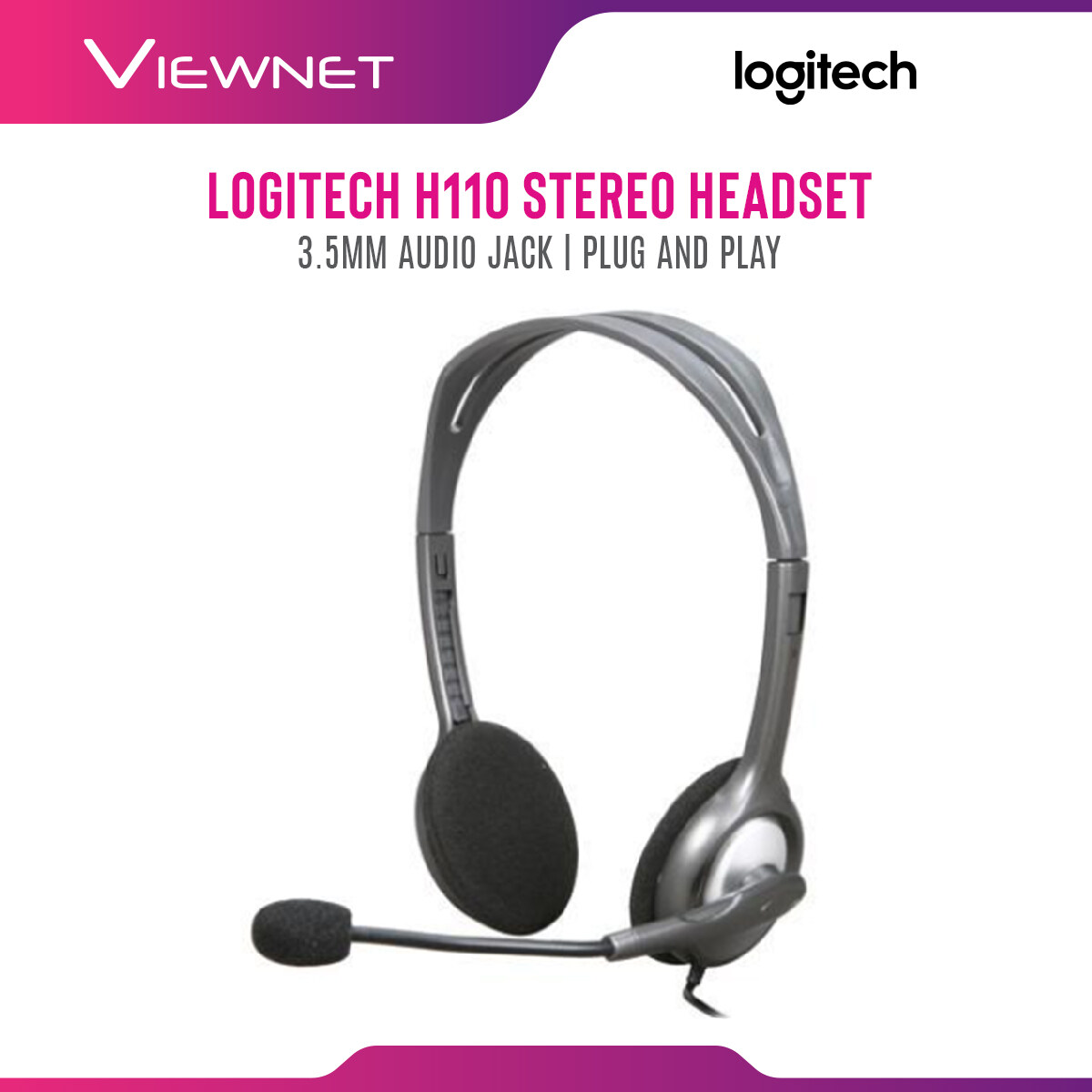 Logitech H110 Stereo Headset with 3.5mm Audio Jack, Rotating Microphone, Adjustable Headband, Cable Length 1.8m (981-000459)