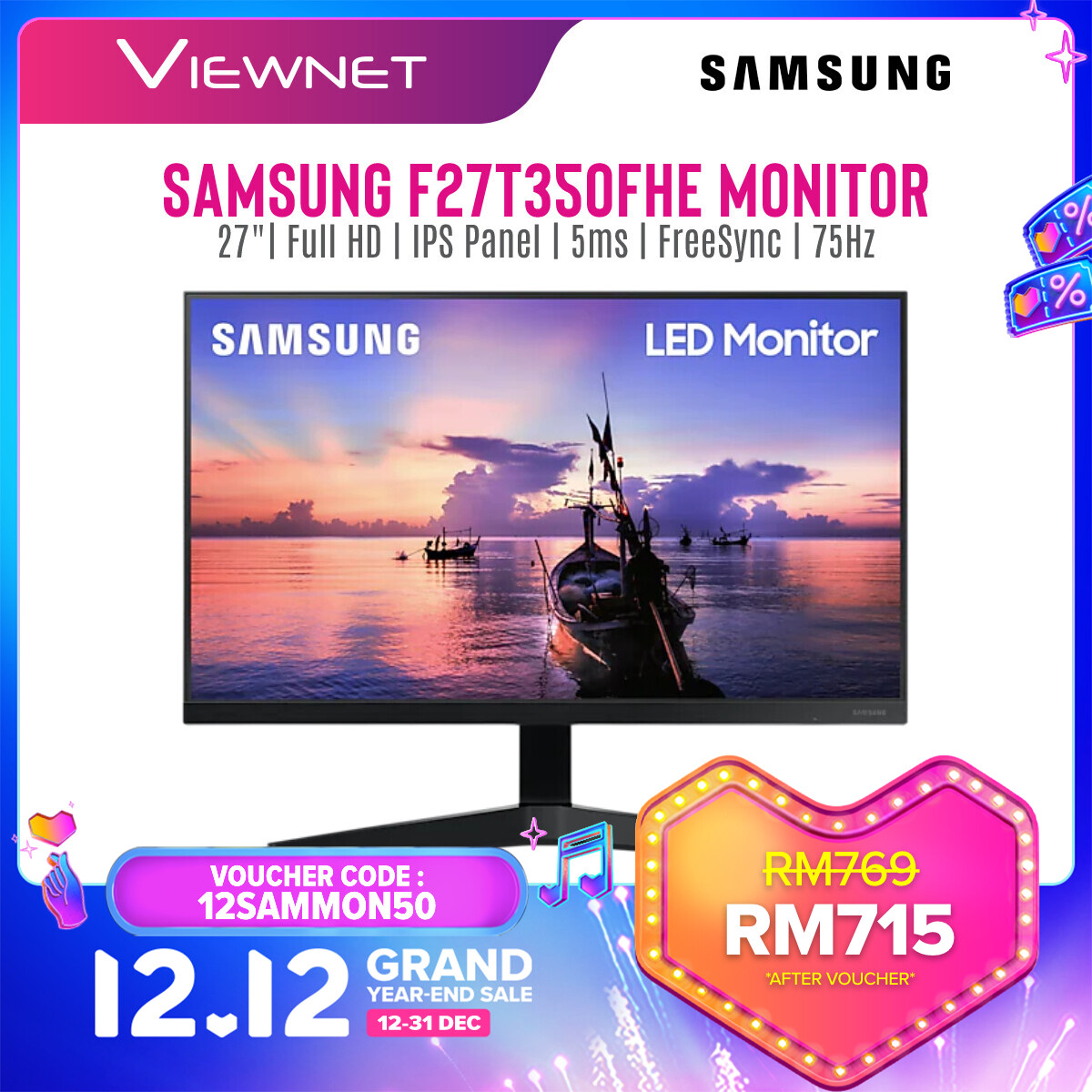 Samsung F27T350FHE Flat 27" Monitor (LF27T350FHEXXM)(IPS Panel, Full HD, 5ms(GTG), FreeSync, Vesa, 75Hz Refresh Rate)