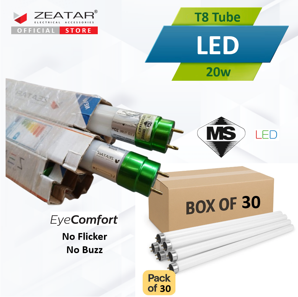 ZEATAR Fluorescent T8 LED Glass Tube 10w 2ft / 20w 4ft Double Ended SIRIM [Carton Box - 30 pcs]