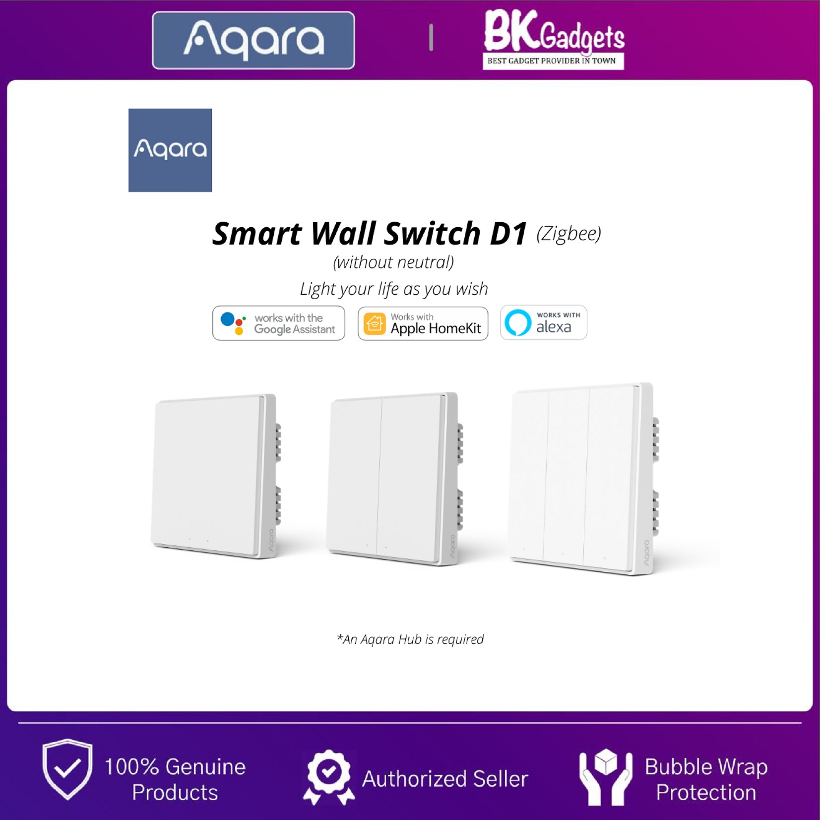 AQARA Wall Switch D1 without Neutral [ Smart Wall Switch ] - Zigbee | Global Version | Malaysia Warranty