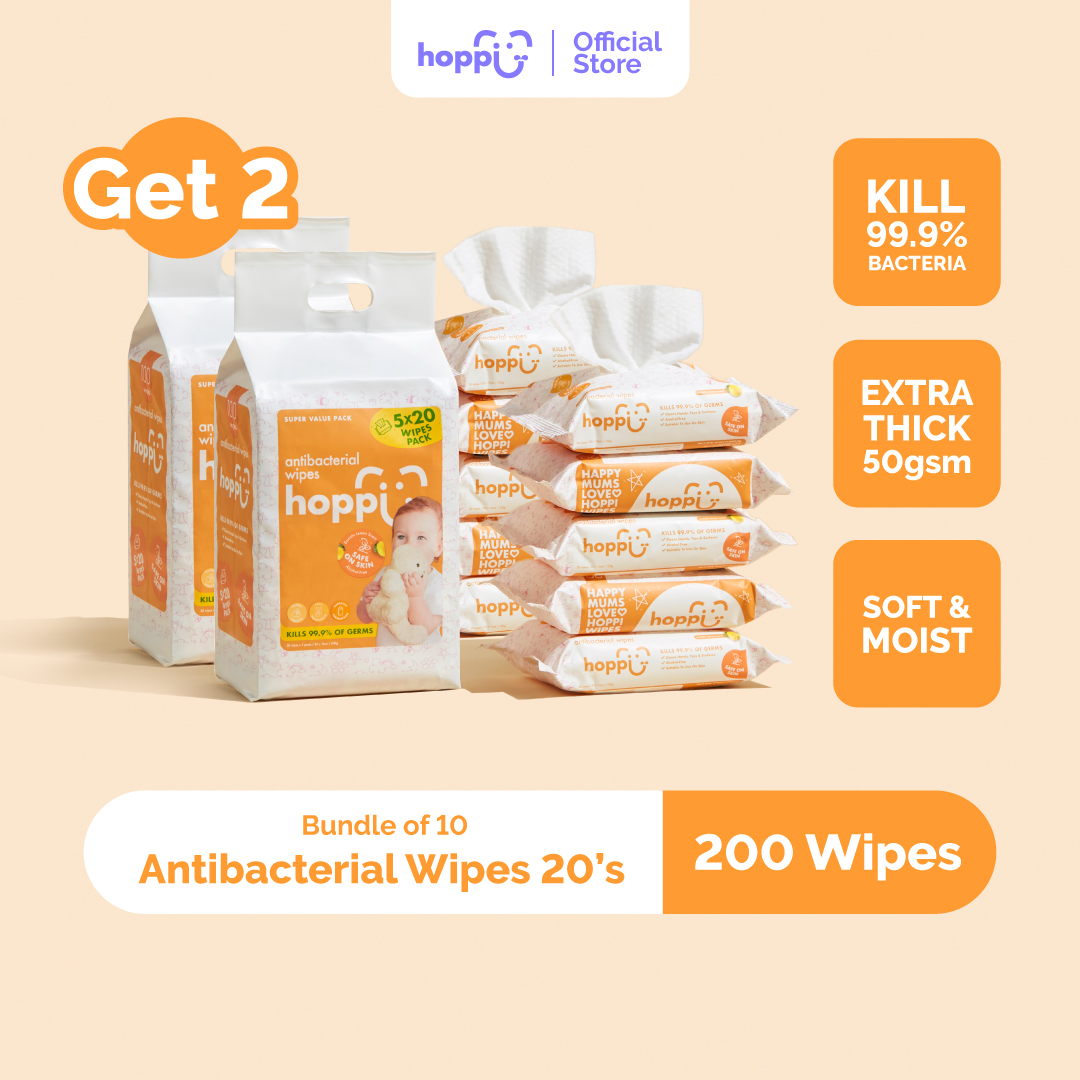 (Buy 1 Free 1) Hoppi Premium Baby Antibacterial Wipes (20 Wipes x 5 Packs)