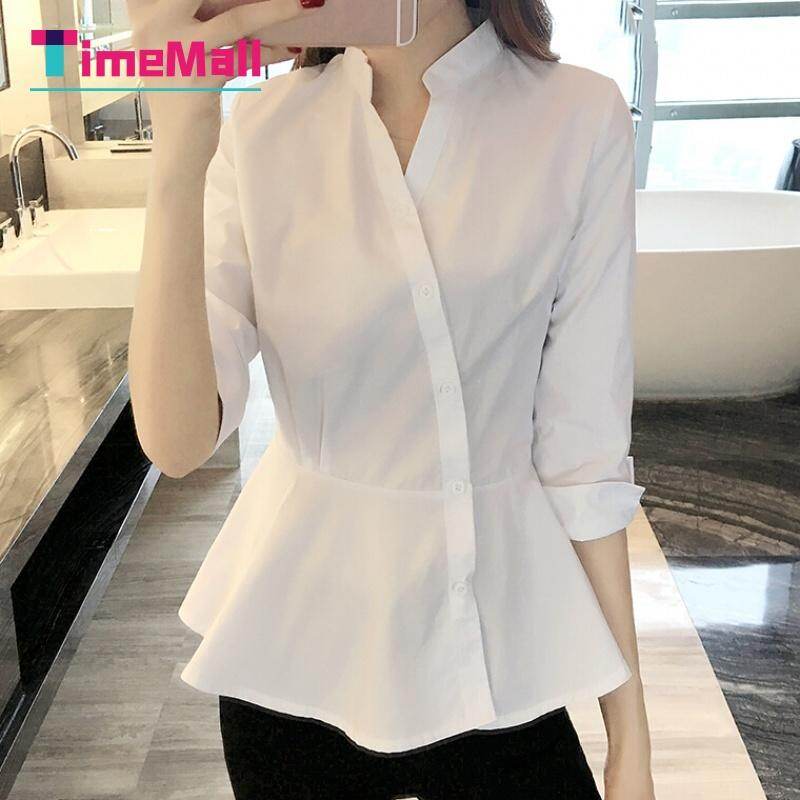 Áo sơ mi peplum Timemall dáng rộng tay lỡ cổ trụ nút chéo phong cách Hàn Quốc đơn giản thanh lịch thích hợp cho nữ mặc mùa thu - INTL