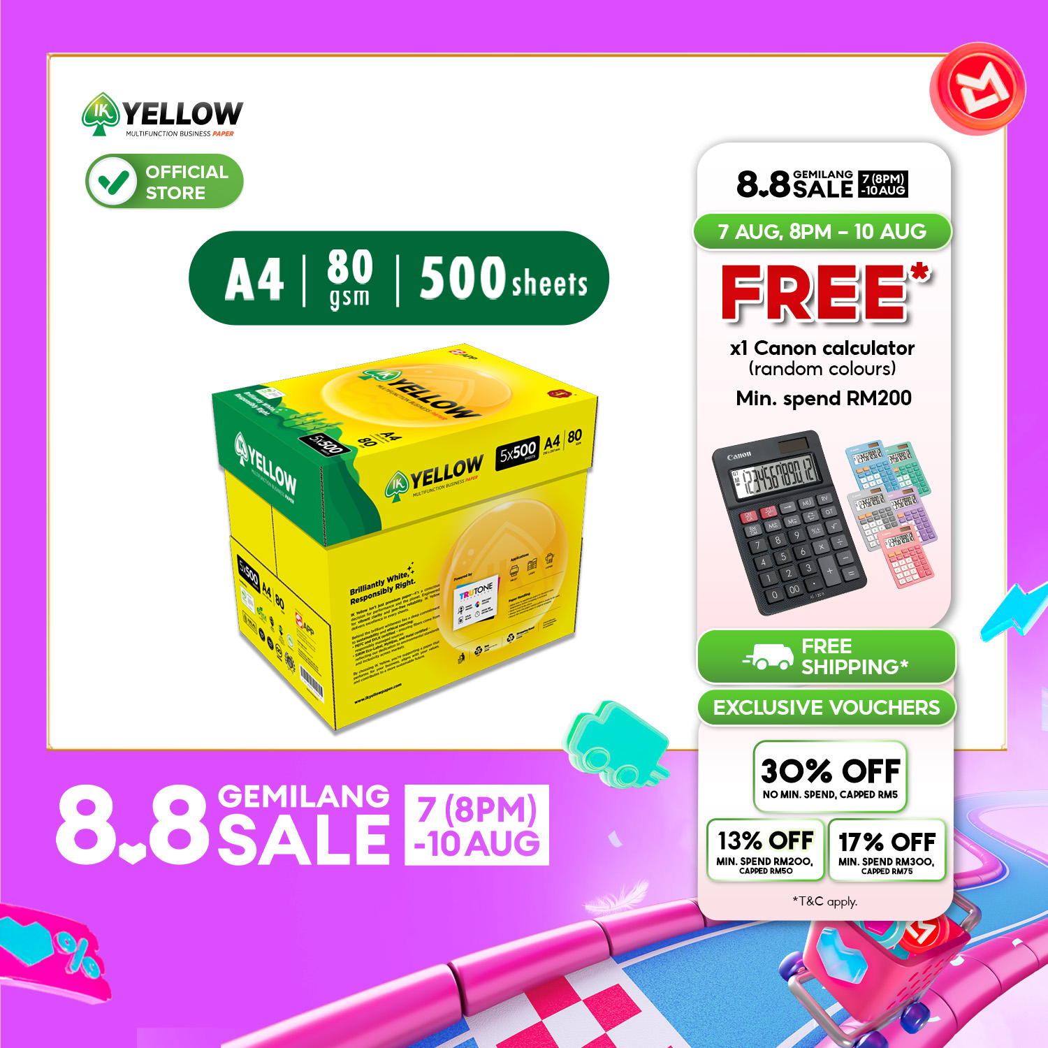 IK Yellow 500s 80gsm A4 paper 1 Carton box (5 Reams) (500 sheets/ream)