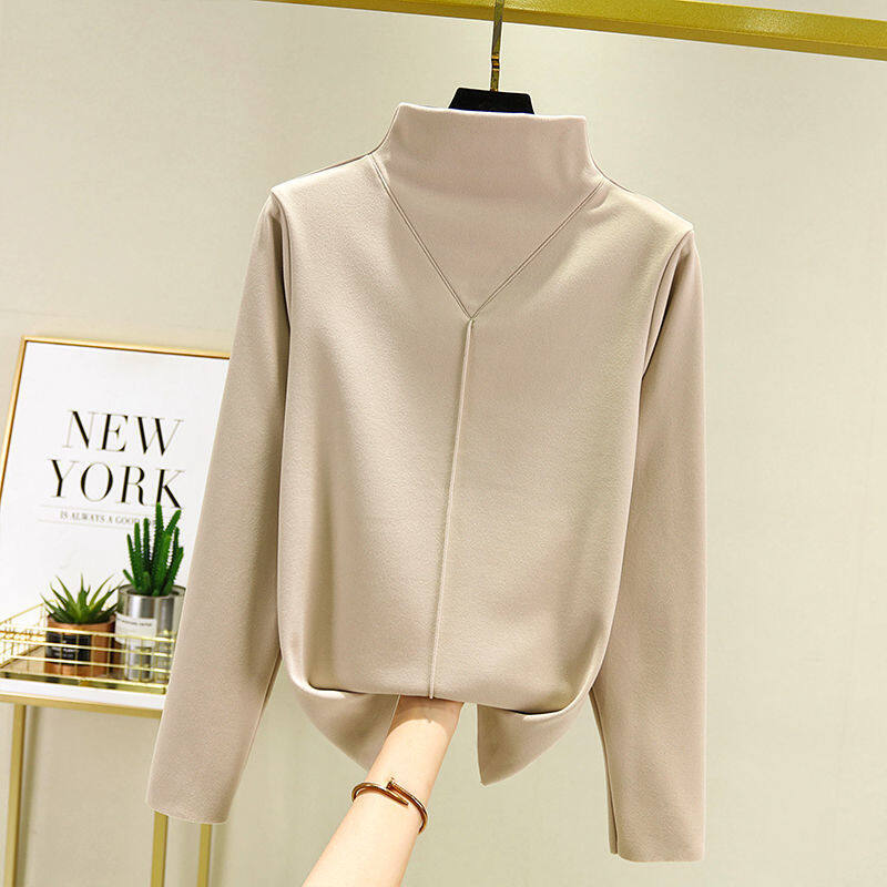 Áo Thun Nửa Cổ Lọ Cho Nữ Áo Lót Tự Sưởi Ấm Bằng Nhung Đức Hai Mặt Dày Dặn Áo Thun Nữ Dáng Ôm