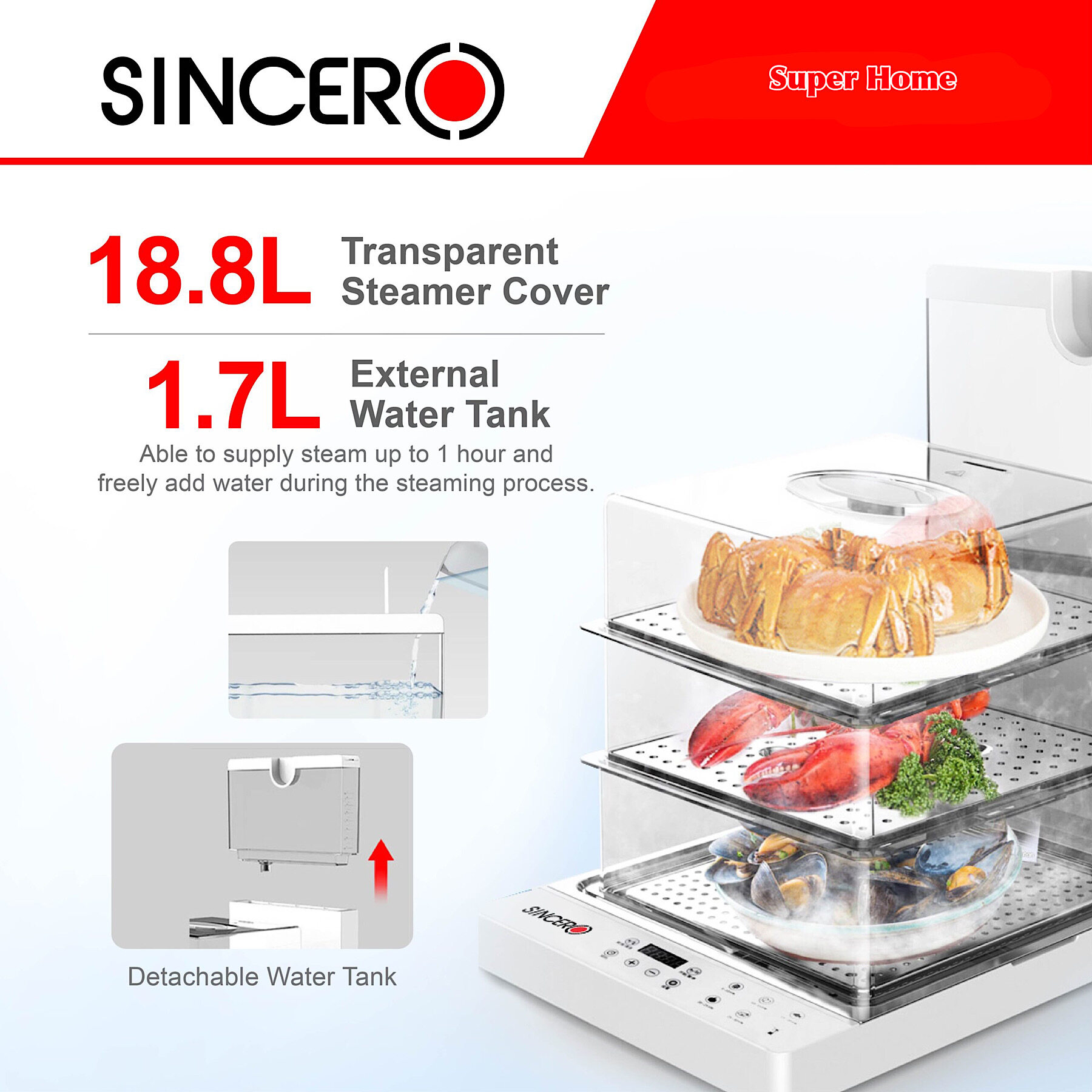 Sincero Food Steamer 18.8L Foldable Multinfunction 3 Layer Transparent Electrical Steamer