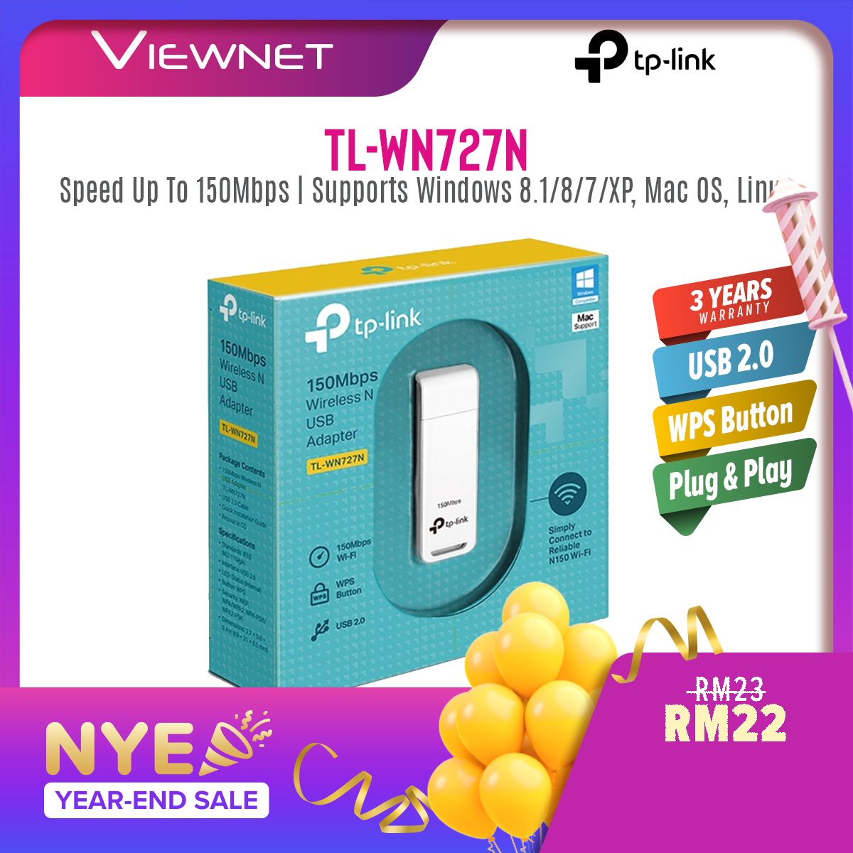 TP-LINK TL-WN727N Wireless Wifi N150 Mbps USB Adapter